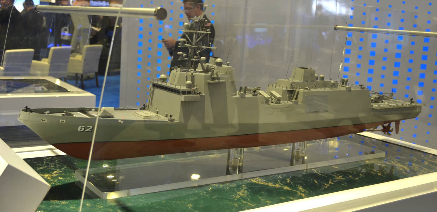 A model of future USS <em>Constellation</em>. Note the apparent space available between the existing VLS array and the turreted 57mm main gun on the bow. <em>Joseph Trevithick</em>