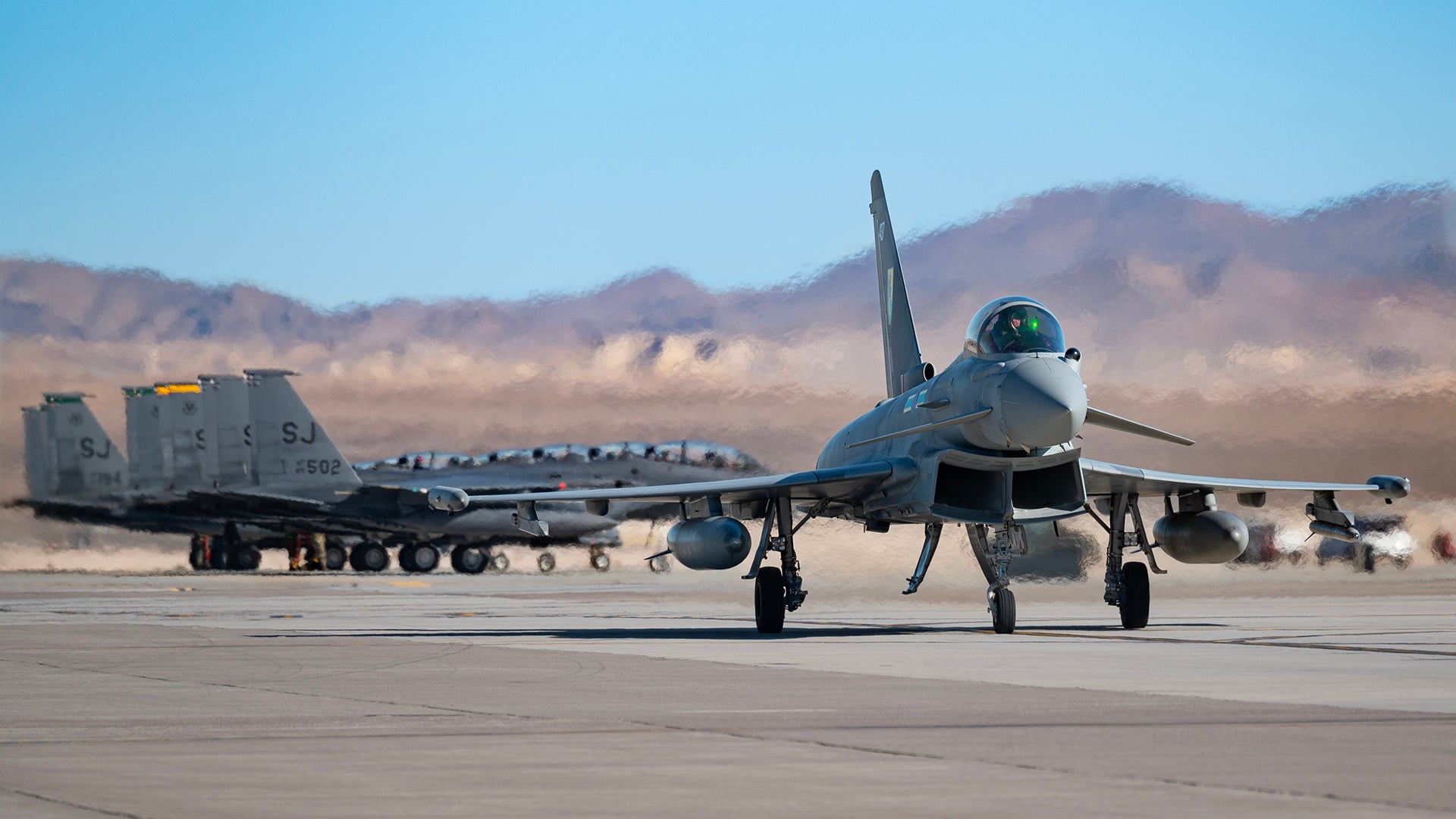 A Royal Air Force FGR-4 Typhoon taxis after a familiarization flight, Jan. 11, 2024 for Red Flag-Nellis 24-1. This Red Flag provides complex realistic scenarios concentrated on warfighting in the Indo-Pacific theater. (U.S. Air Force photo by William R. Lewis)