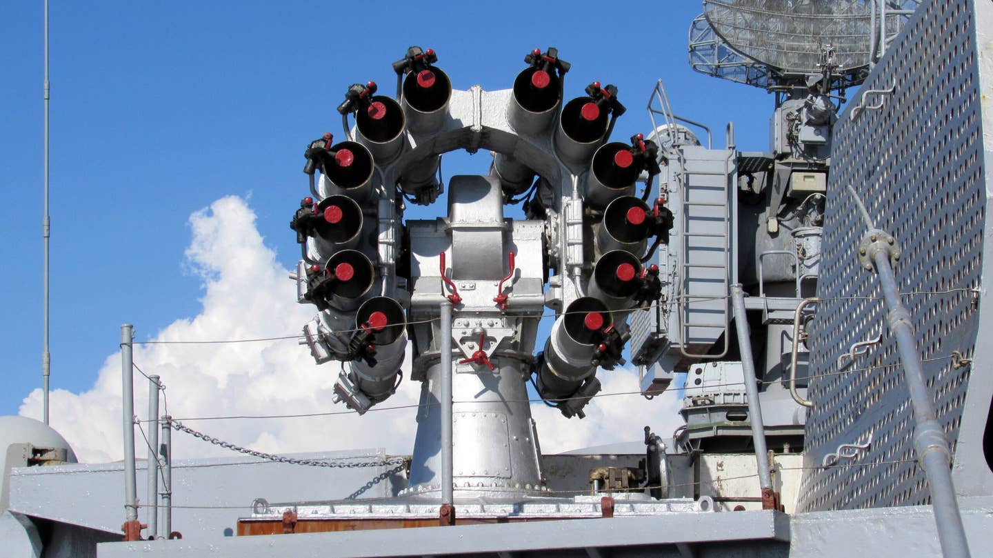 A front view of one of the RBU-6000 anti-submarine rocket launchers located amidships on the <em>Udaloy I</em> class destroyer <em>Admiral Vinogradov</em> of the Russian Navy. <em>Rhk111/Wikimedia Commons</em>