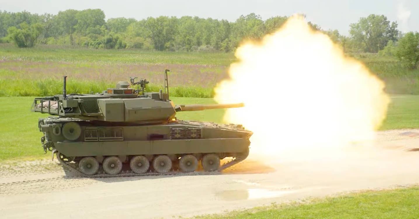 The M-10 Booker Combat Vehicle firing a projectile from its 105mm main gun. (GSLD screencap)