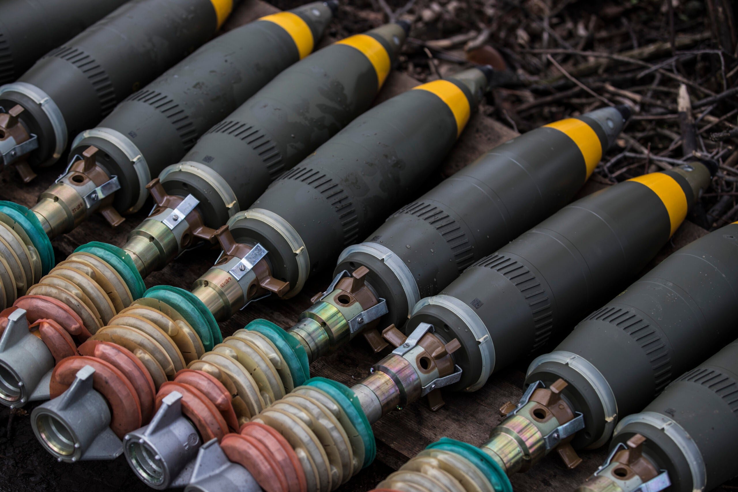 DONETSK OBLAST, UKRAINE - APRIL 24: Mortar rounds with propellant rings lie on the ground on April 24, 2023 in Donetsk Oblast, Ukraine. (Photo by Yuriy Mate/Global Images Ukraine via Getty Images)