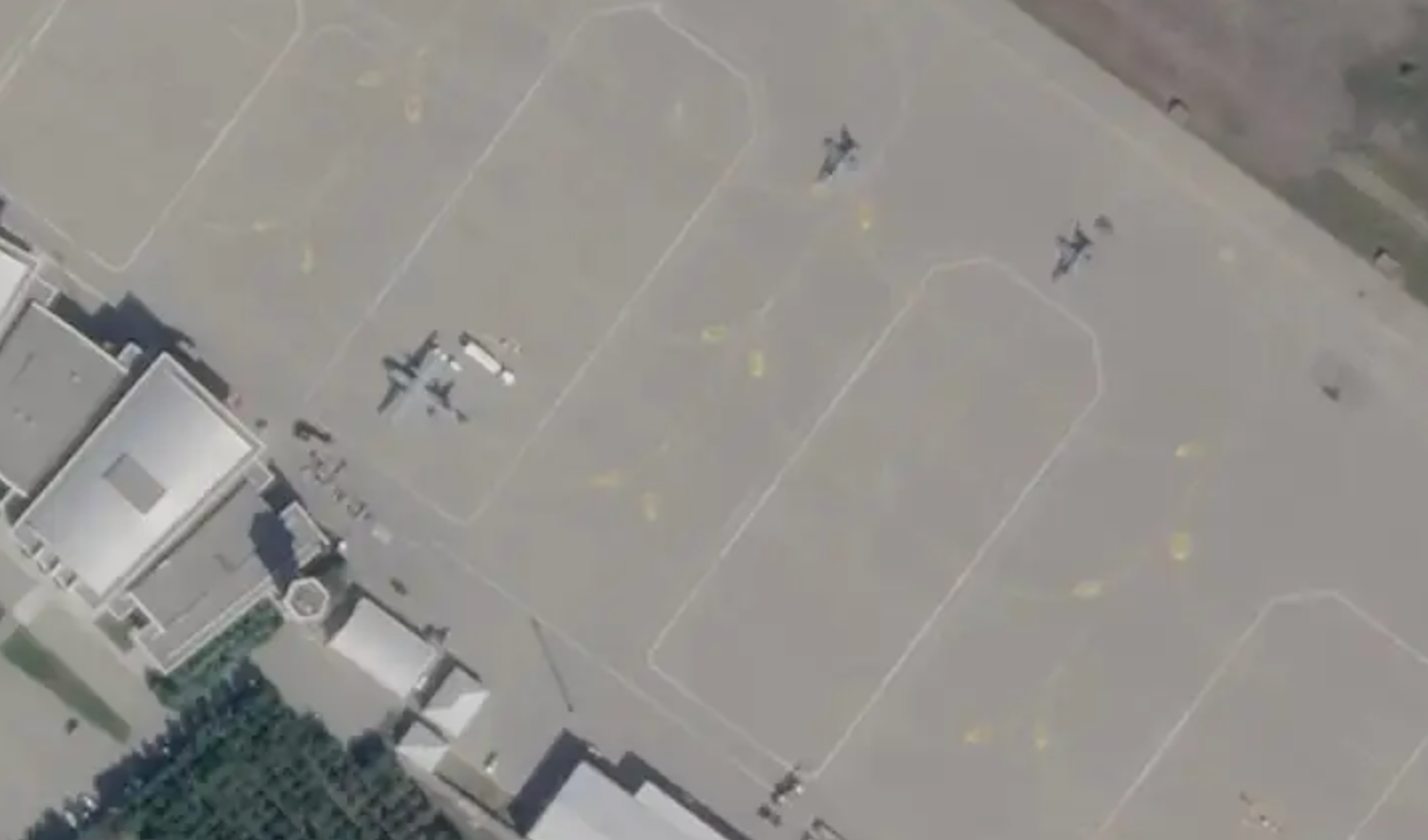A closeup of a portion of Ganja International Airport in Azerbaijan on October 3, 2020, showing two Turkish F-16s and what appears to be a CN235 light transport aircraft.&nbsp;<em>PHOTO © 2020 PLANET LABS INC. ALL RIGHTS RESERVED. REPRINTED BY PERMISSION</em>