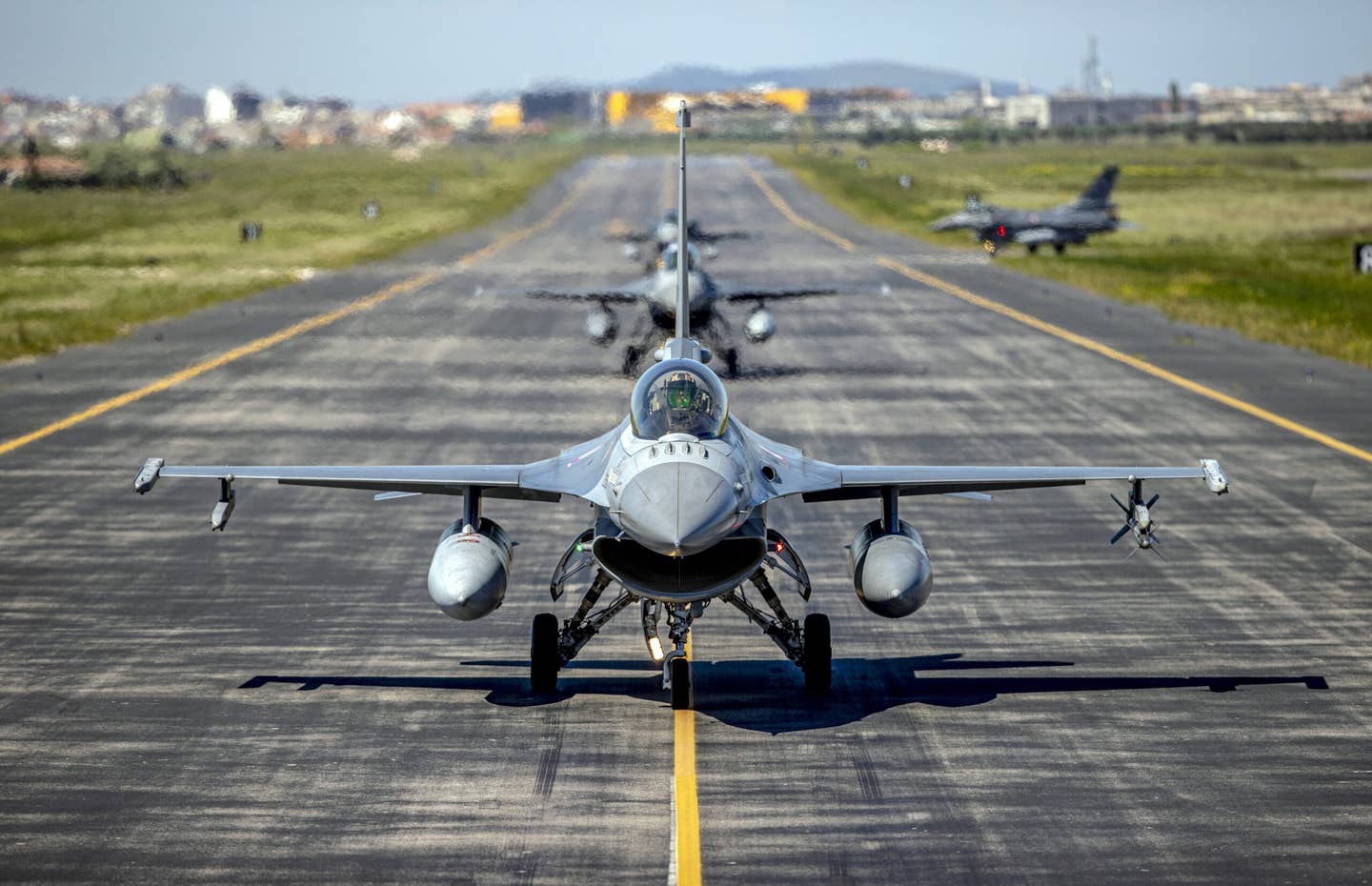Turkish Air Force F-16 fighters on the runway at the air base of Balikesir, Turkey on May 22, 2022. <em>Photo by Ali Atmaca/Anadolu Agency via Getty Images</em>