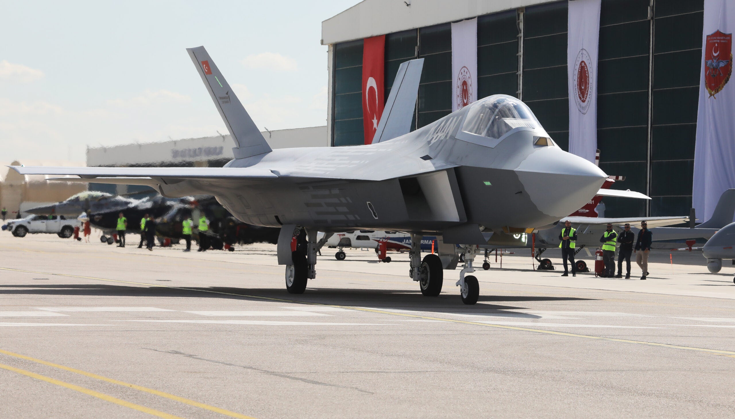 ANKARA, TURKIYE- MAY 1: Presentation ceremony of the National Combat Aircraft KAAN  on May 1, 2023 in Ankara, Türkiye. According to the President's statements, the National Combat Aircraft (MMU) or TF-X "Kaan" project, which will enter the inventory of the Turkish Armed Forces, is considered an important step in Turkey's aviation and defense industry. (Photo by Yavuz Ozden/ dia images via Getty Images)