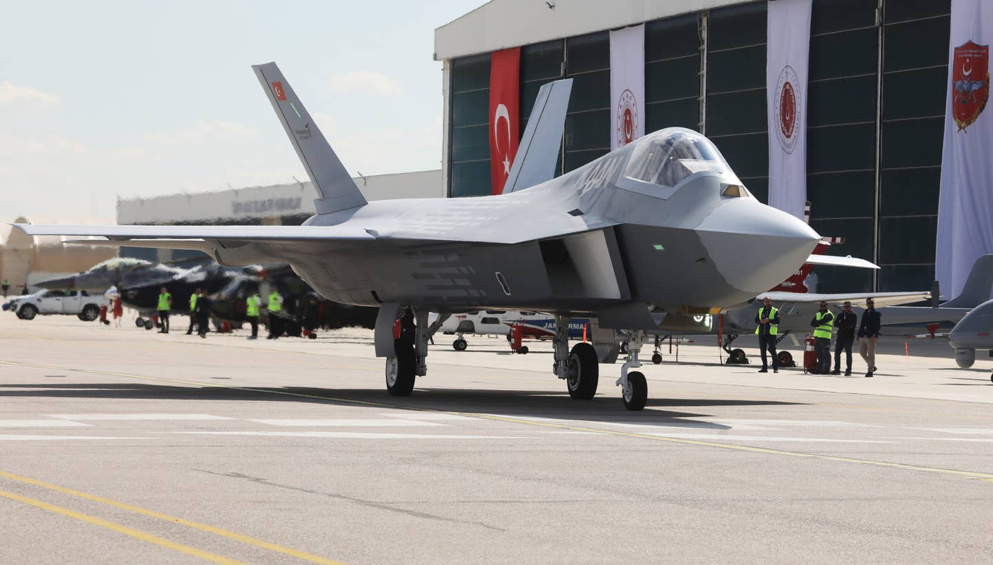 The rollout of the Kaan prototype on May 1, 2023, in Ankara, Turkey. <em>Photo by Yavuz Ozden/ dia images via Getty Images</em>