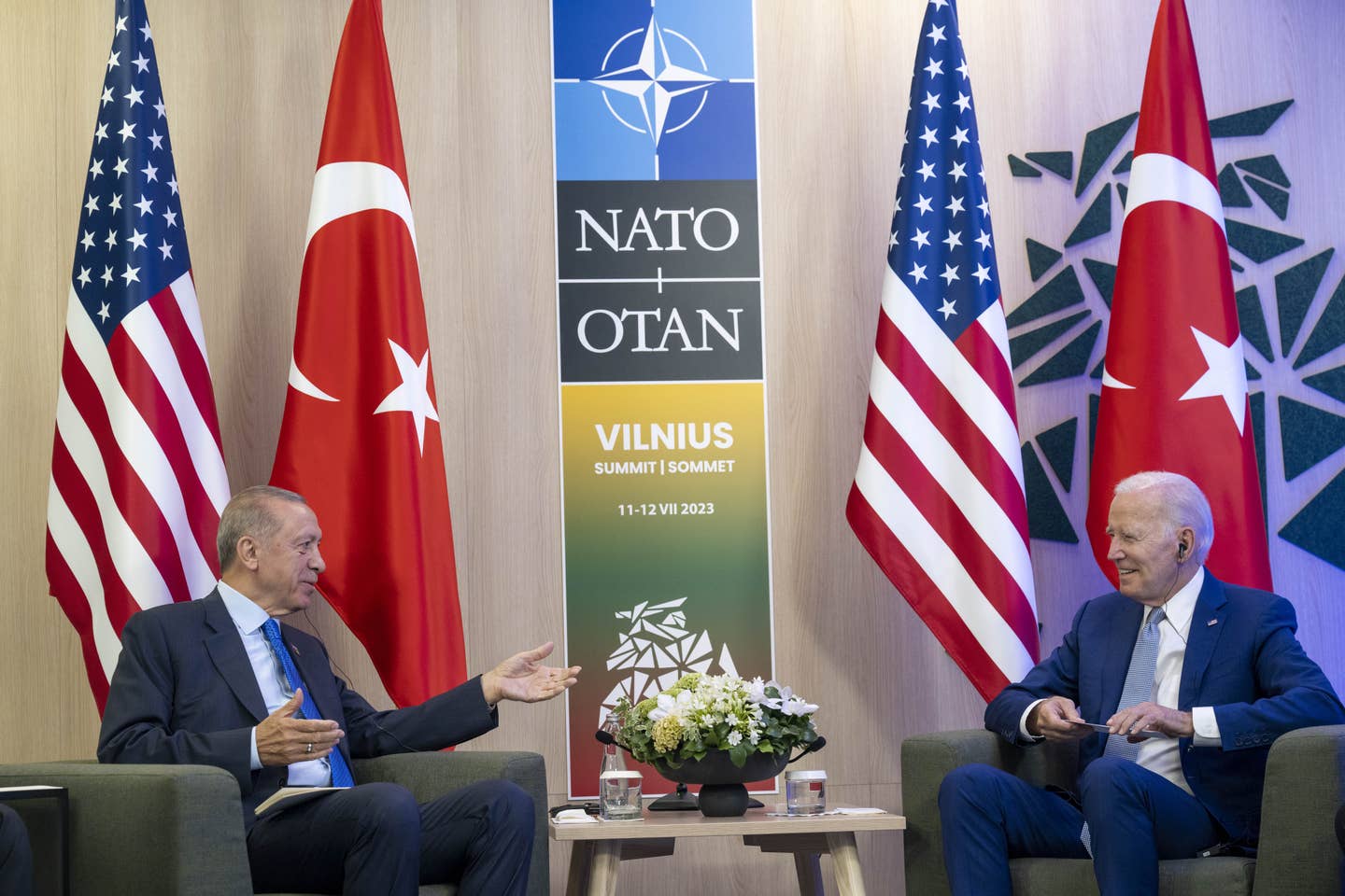 Turkish President Recep Tayyip Erdogan (left) meets U.S. President Joe Biden within the NATO Heads of State and Government Summit in Vilnius, Lithuania, on July 11, 2023. <em>Photo by Aytac Unal/Anadolu Agency via Getty Images</em>
