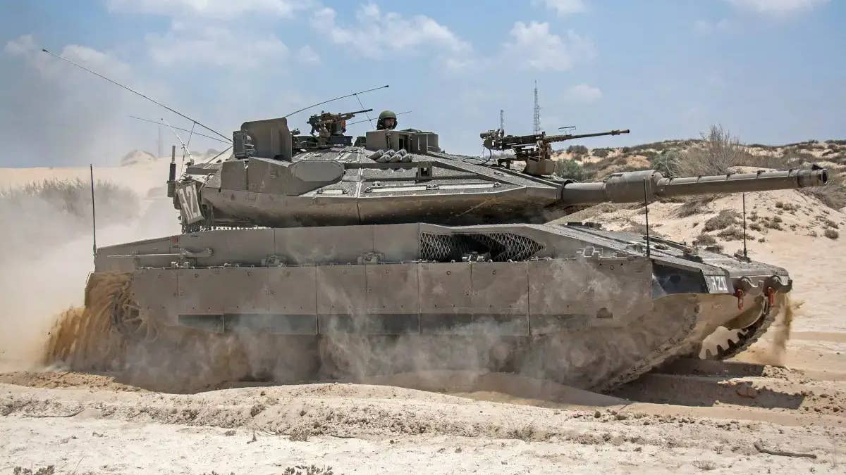 A stock photo of a Merkava Mk 4 with the Trophy active protection system and other improvements over earlier types from before the outbreak of the current conflict in Gaza. (IDF photo)