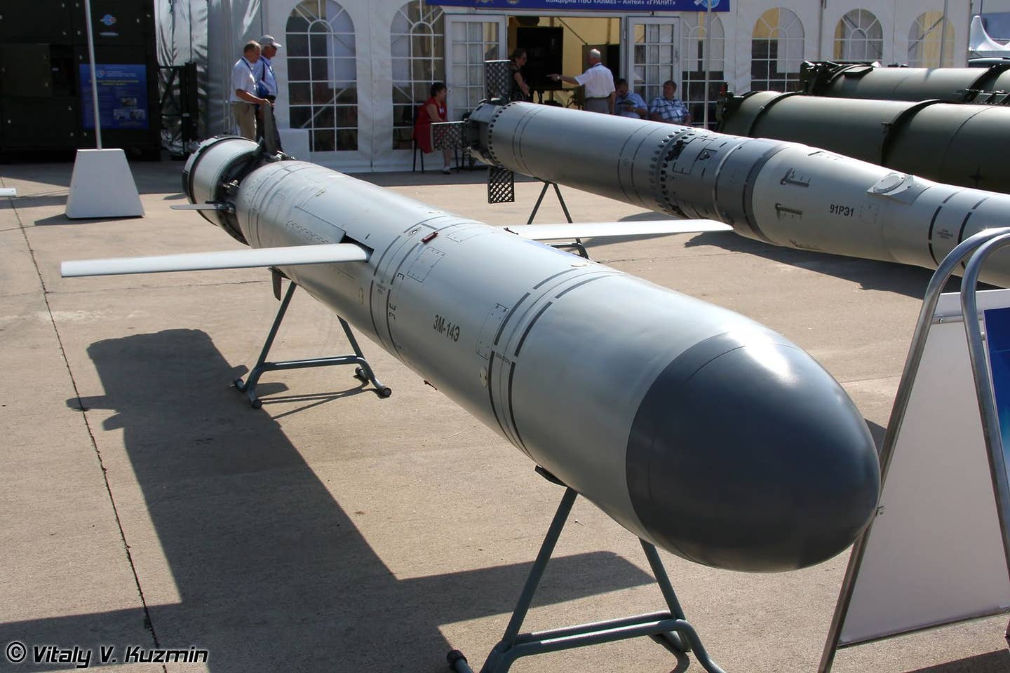 A 3M14 Kalibr land attack cruise missile (nearest camera) and an anti-submarine version of the Klub missile alongside it (partly obscured). <em>Vitaly Kuzmin</em>
