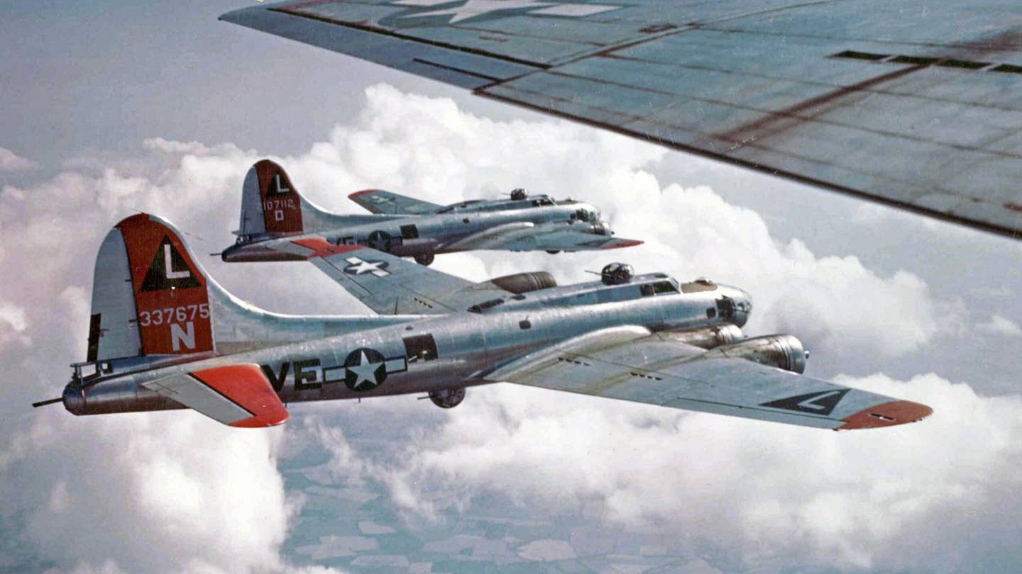 World war two aircraft: B-17G Fortresses of the 381st Bomb Group in flight, Summer 1944.