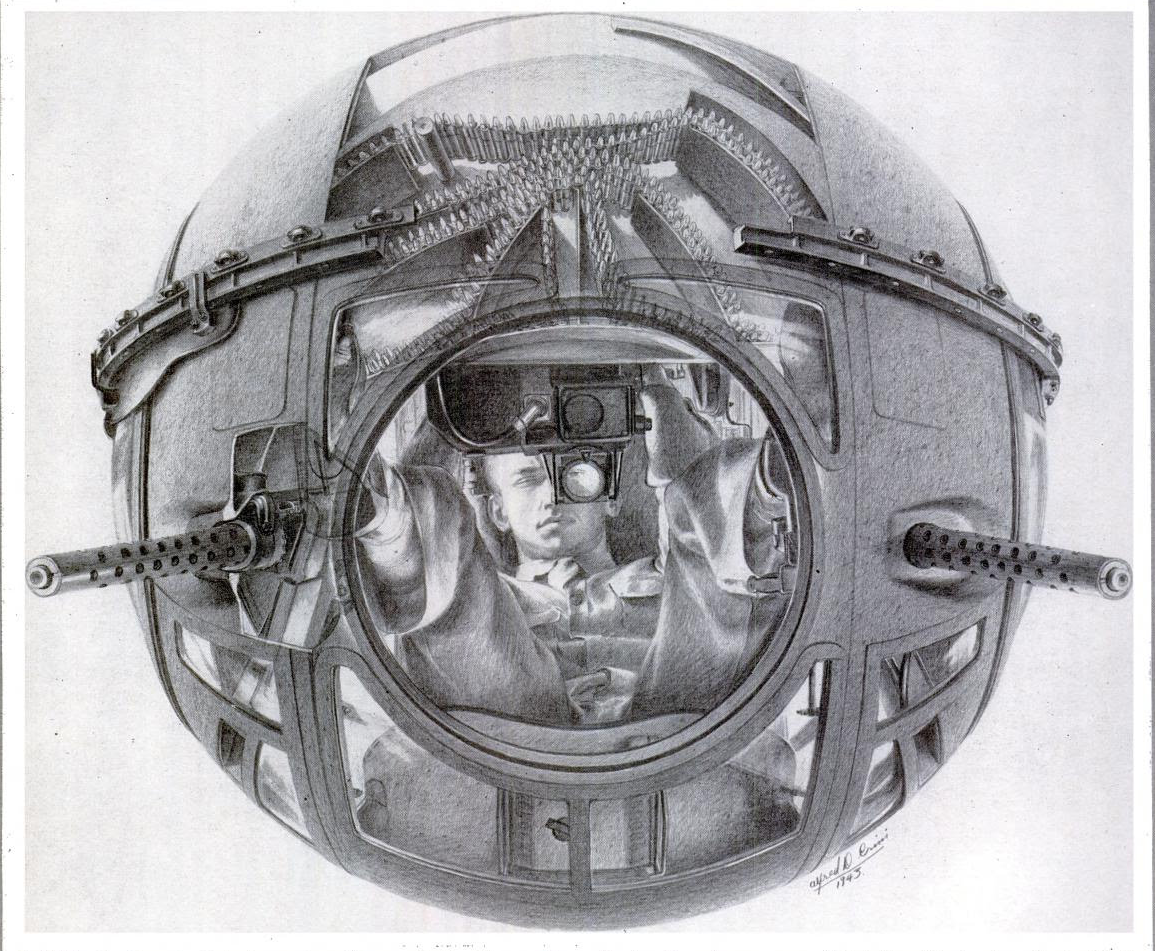 A wartime illustration of a Sperry Ball Turret, of the kind that armed versions of both the B-17 and B-24. The foetal position of the gunner and the ammunition feed mechanism are seen to good effect. <em>Alfred D. Crimi, illustration for United States Army</em>