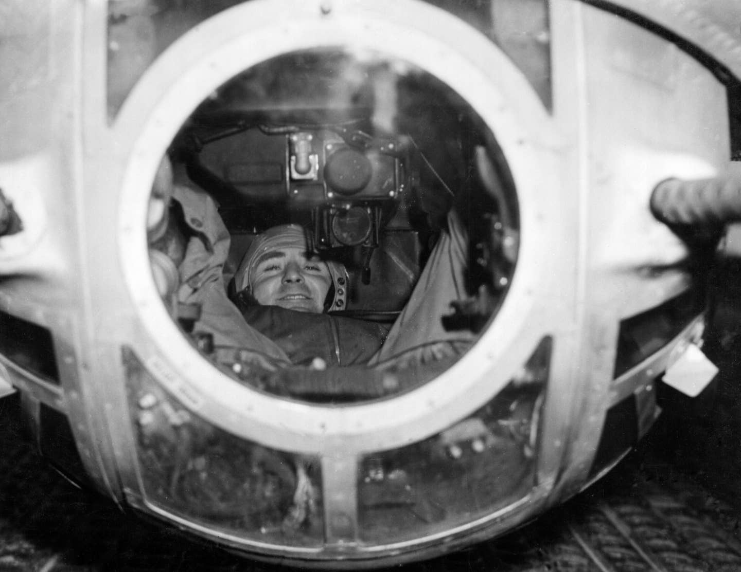 A gunner sitting at his action station in a B-17 ball turret, September 1944. <em>Photo by Mondadori via Getty Images</em>