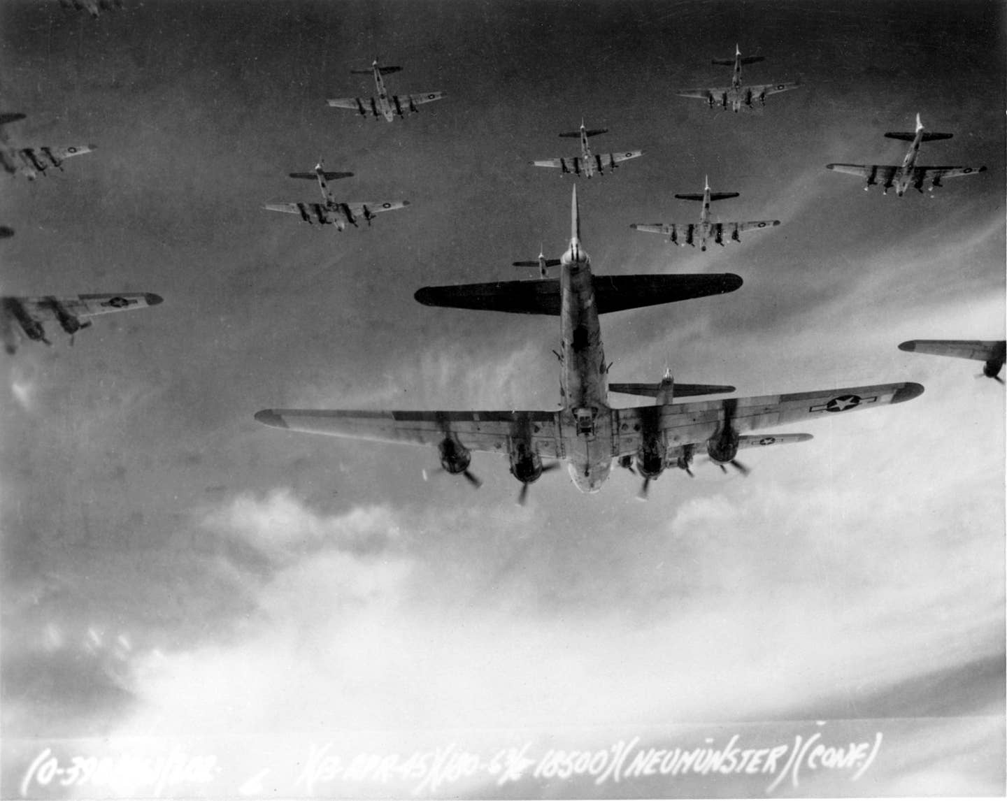 B-17s from the 398th Bombardment Group fly a bombing run to Neumunster, Germany, on April 13, 1945, less than one month before the German surrender on May 8. <em>U.S. Air Force photo</em>