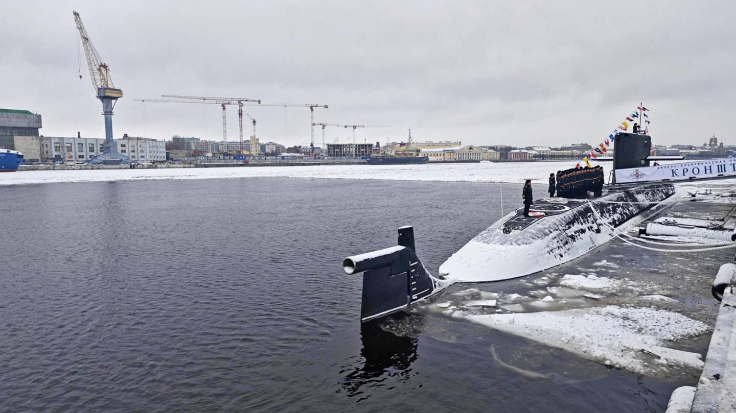 A rear view of the <em>Kronstadt</em> during its commissioning into the Northern Fleet’s 161st Submarine Division. <em>Russian Ministry of Defense</em>