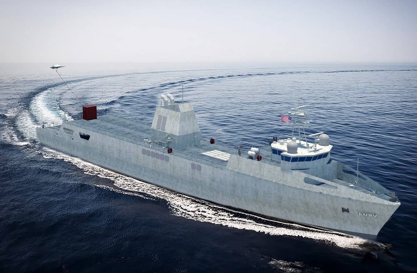 A rendering of a notional large uncrewed surface vessel with a built-in VLS array amid ships, as well as tethered aerial drone at the stern. <em>Austal</em>