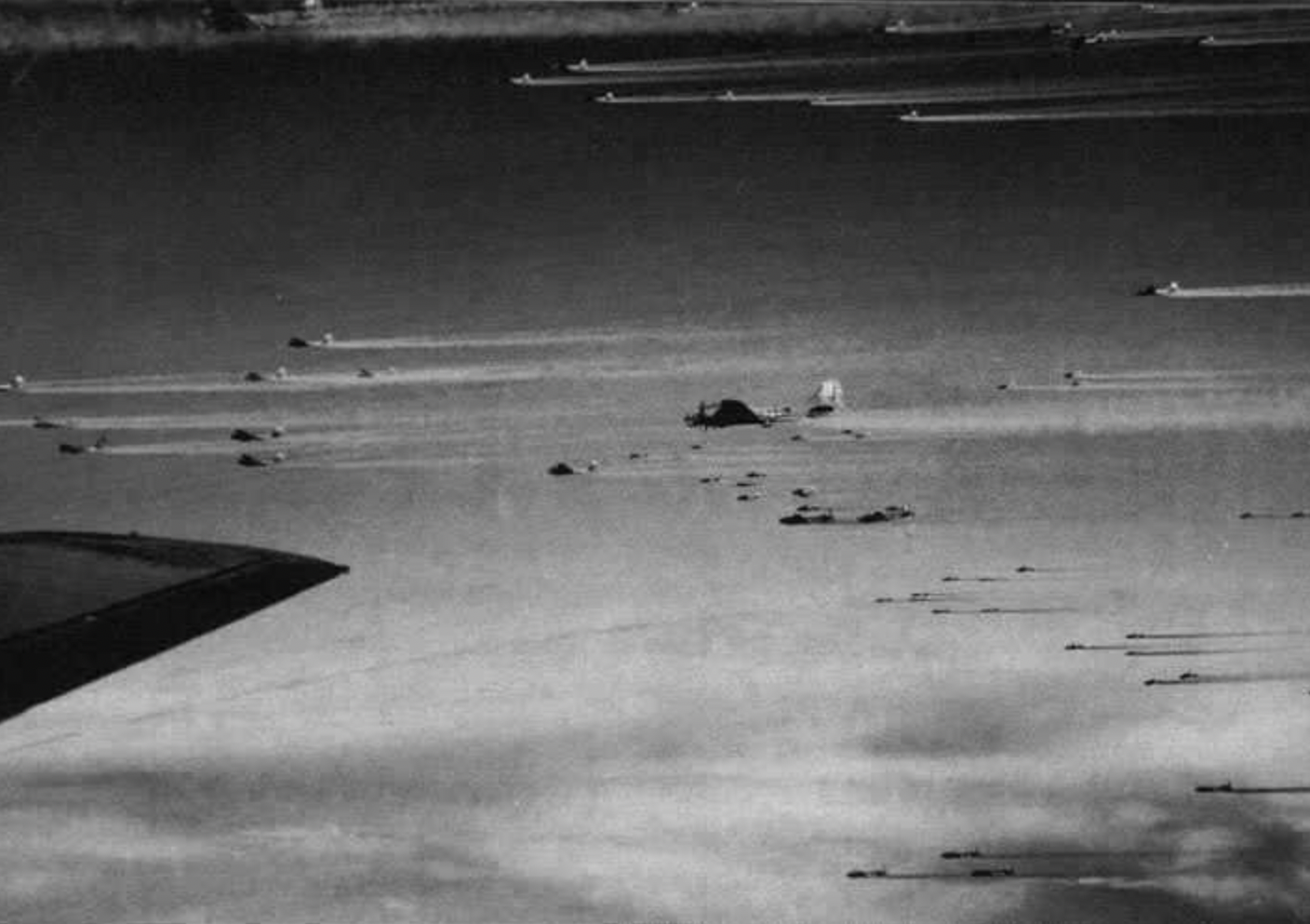 The view into a multi-ship B-17 bomber stream during World War II. These examples are purportedly from the 493rd Bomb Group, 3rd Bomb Division. <em>U.S. Air Force photo</em>