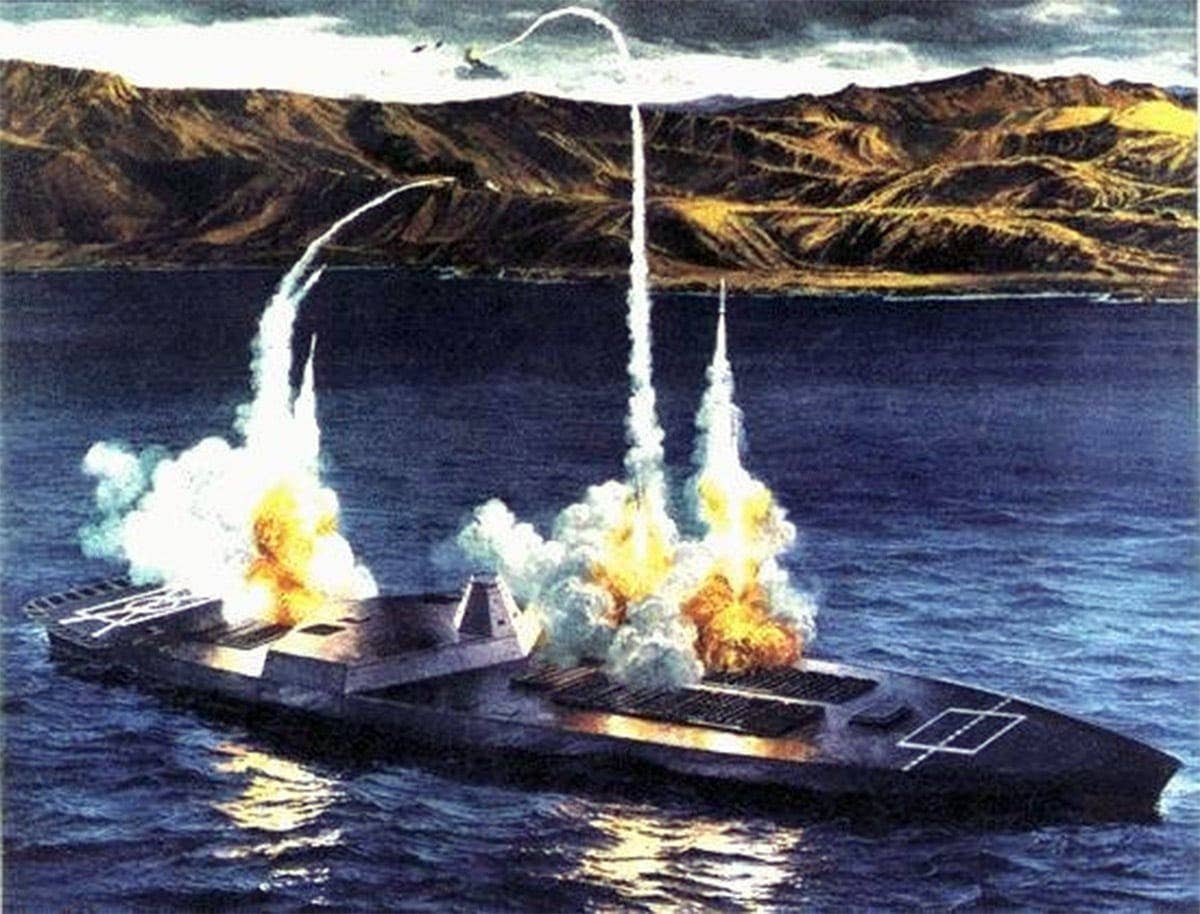 1990s artwork from the Defense Advanced Research Projects Agency showing a notional arsenal ship. <em>DARPA</em>