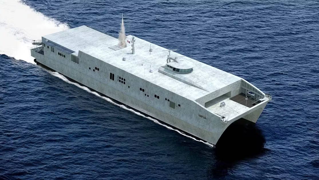 A rendering of a potential derivative of the Navy's <em>Spearhead</em> class expeditionary fast transport, which could also be optionally-crewed, with a VLS array installed. <em>Austal</em>