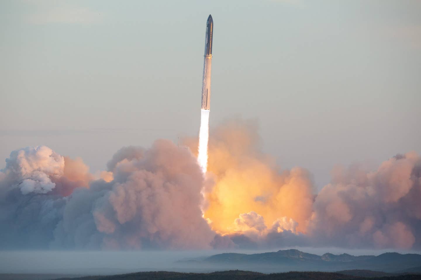 SpaceX Starship integrated flight test 2 at the company's Starbase facility along the south Texas coast, November 18, 2023.<em> SpaceX via X/Twitter</em>