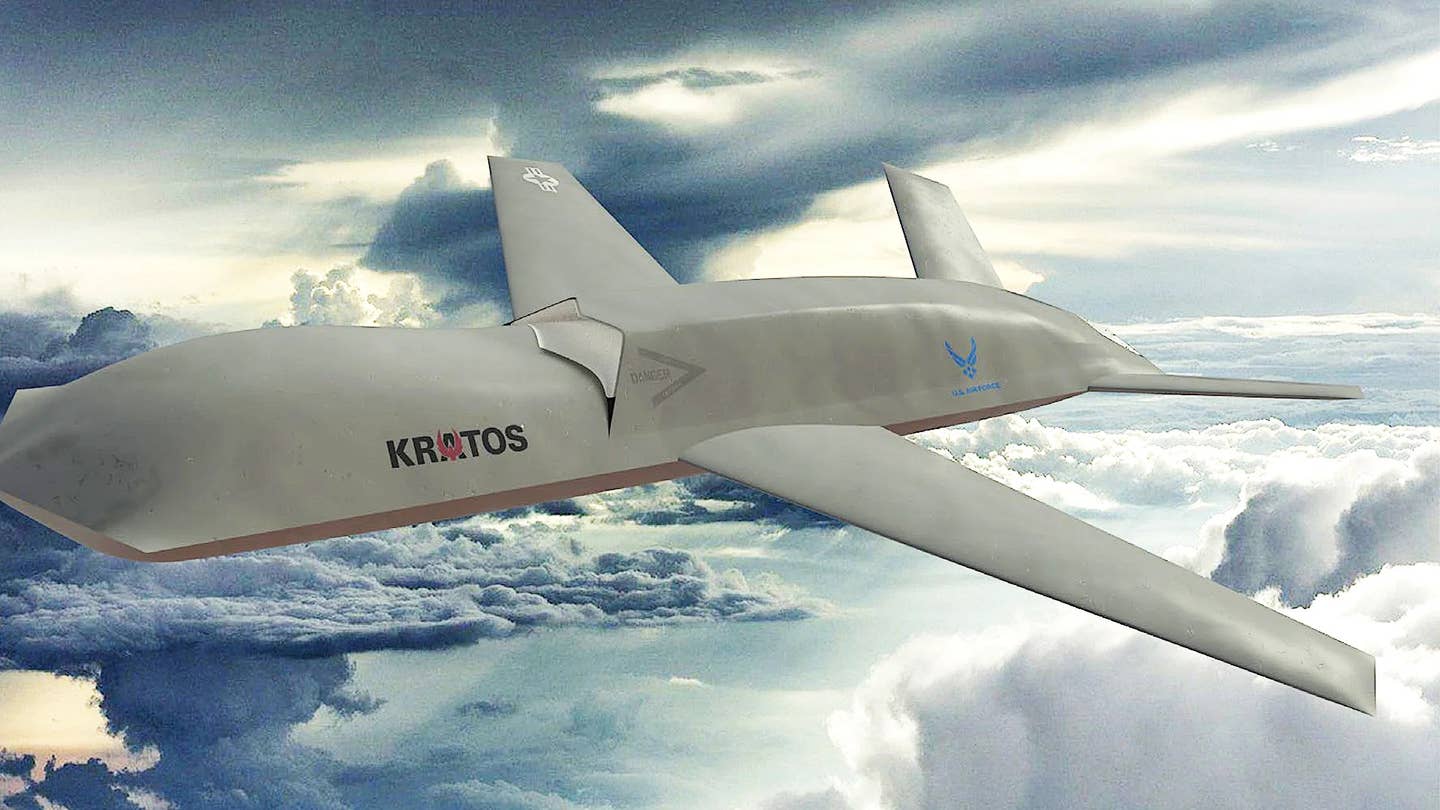 Kratos, along with General Atomics, received OBSS contracts in 2021. A rendering of Kratos' OBSS drone design is seen here. General Atomics was later selected to proceed alone to actually build and flight-test a prototype, which became the XQ-67A. <em>Kratos</em>