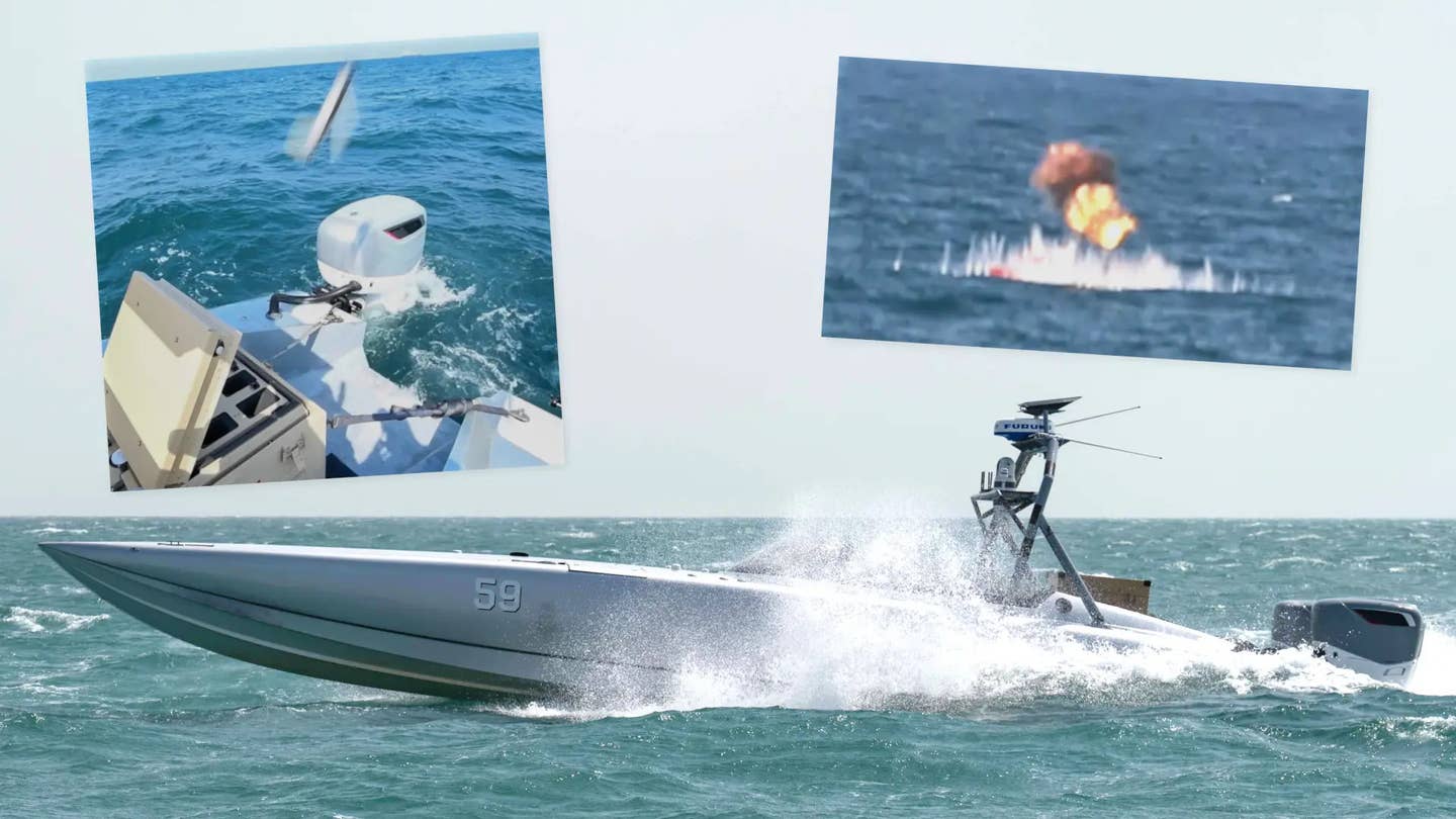 A composite image showing a MARTAC Devil Ray T38 USV armed with Switchblade 300 loitering munitions, as well as a target being struck, during a Navy test in 2023. <em>USN</em>