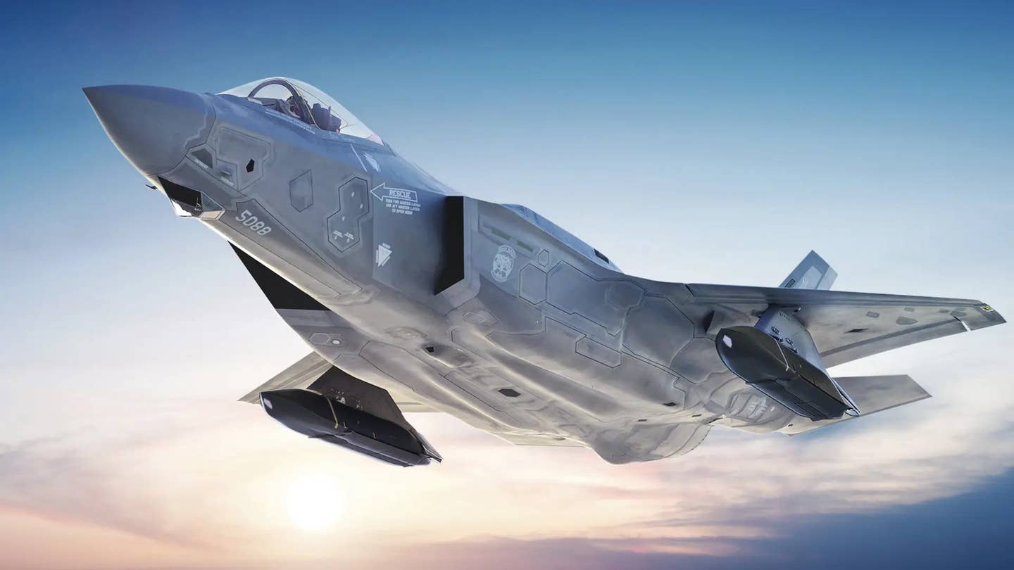 A rendering of an F-35 variant with a pair of AGM-158C LRASM missiles under its wings. <em>Lockheed Martin</em>