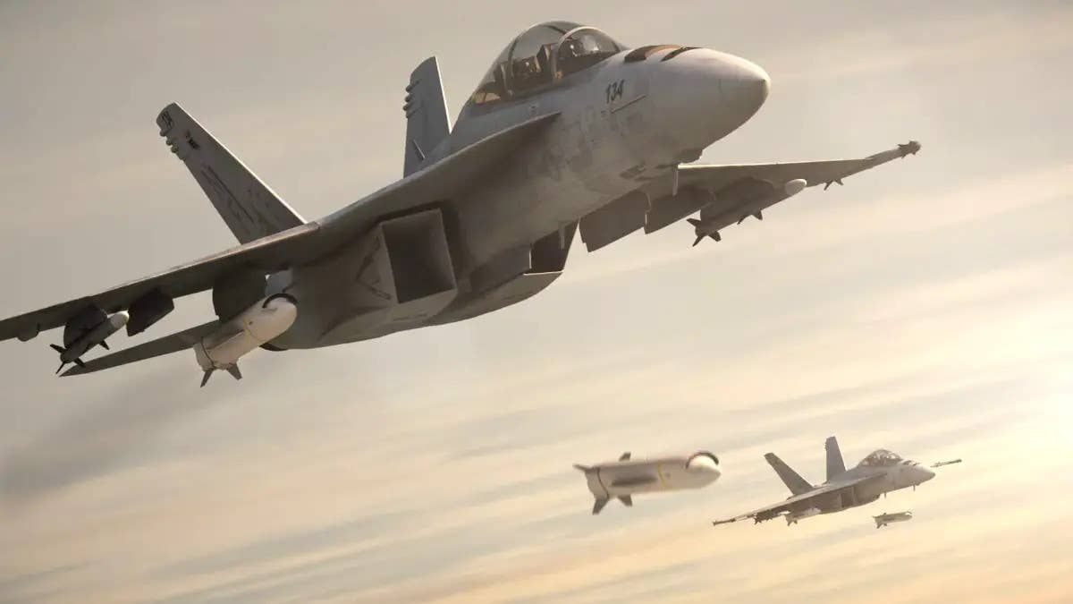 An artist's conception of a F/A-18F Super Hornets releasing hypersonic missiles. <em>Boeing via Aviation Week</em>