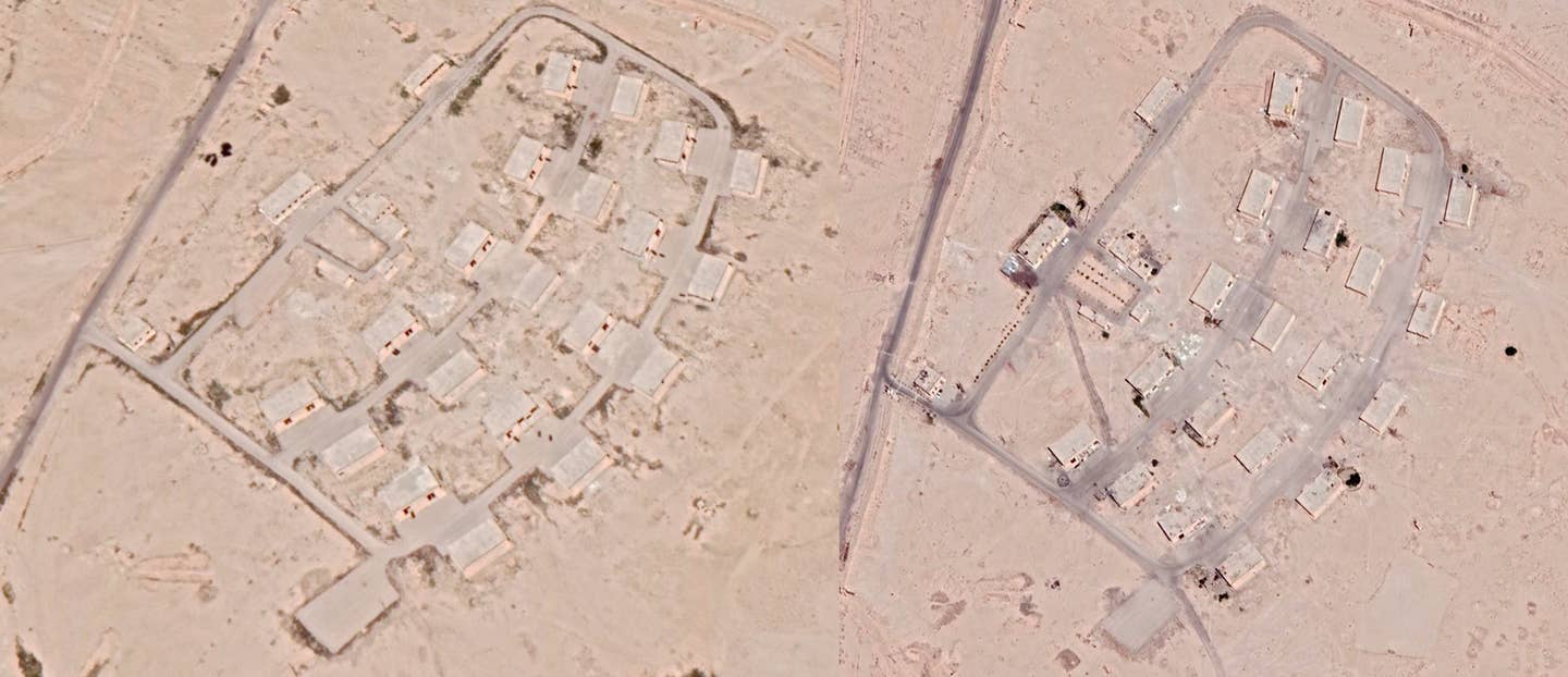 A closer set of images showing the part of the facility hit last night in 2018 and after the strike in 2022. Note the craters from the 2022 U.S. airstrikes.