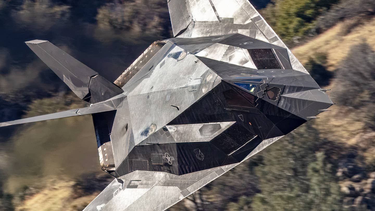 F-117 flying low level through the California desert.