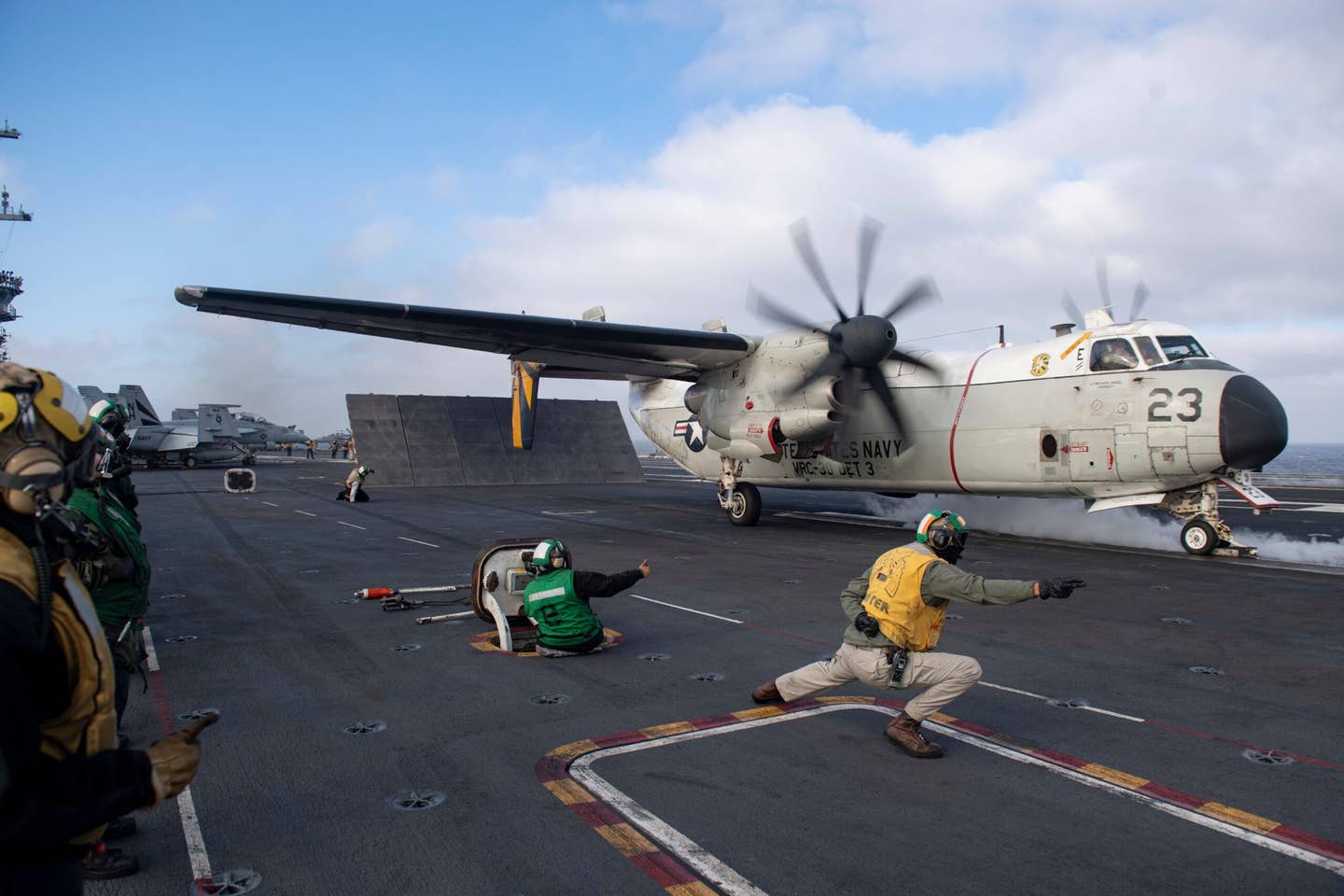 A&nbsp;C-2A&nbsp;Greyhound, assigned to the “Providers” of Fleet Logistics Support Squadron (VRC) 30, takes off from the flight deck of the aircraft carrier USS <em>Theodore&nbsp;Roosevelt</em>&nbsp;(CVN 71) July 6, 2020. (U.S. Navy photo)