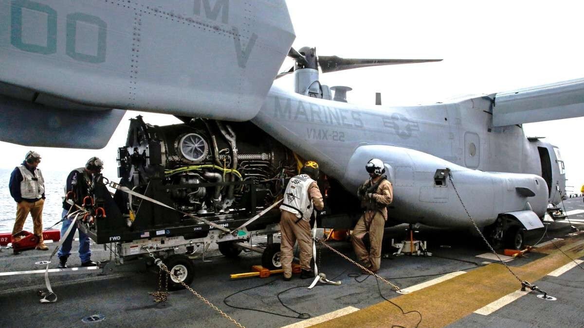 Marines and sailors load an F135 engine into an MV-22B Osprey using a special pallet during a test in 2015., USMC