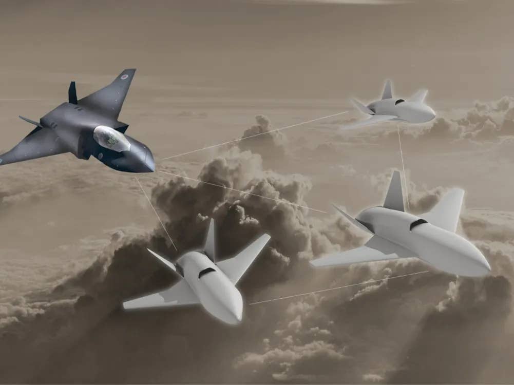 An artist's illustration of Tempest flying with uncrewed platforms, which look remarkably similar to BAE's earlier Concept 2 design. <em>Royal Air Force image</em>