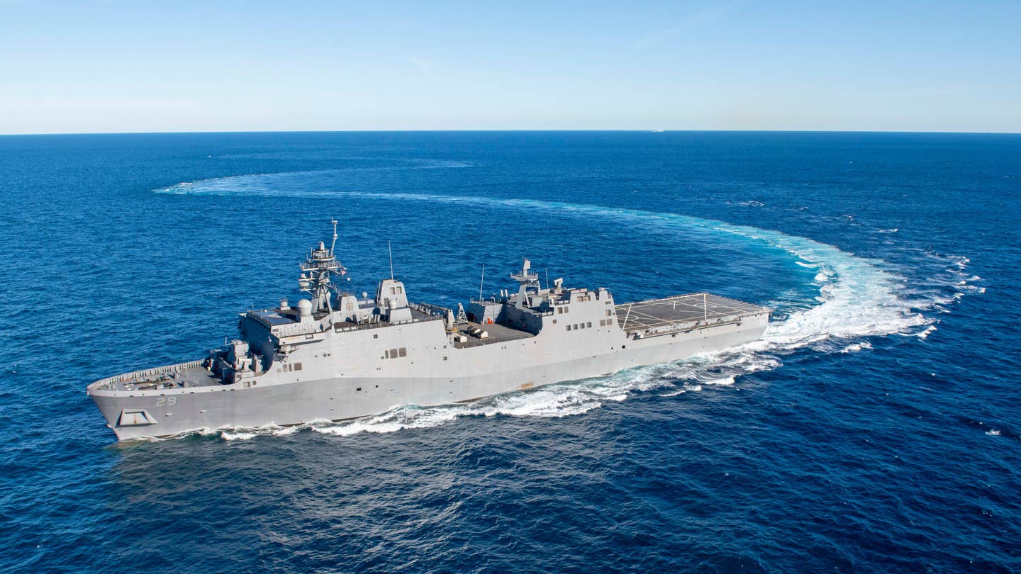 The future USS <em>Richard M. McCool Jr.</em> during builders trials earlier this year in the Gulf of Mexico. <em>HII</em>