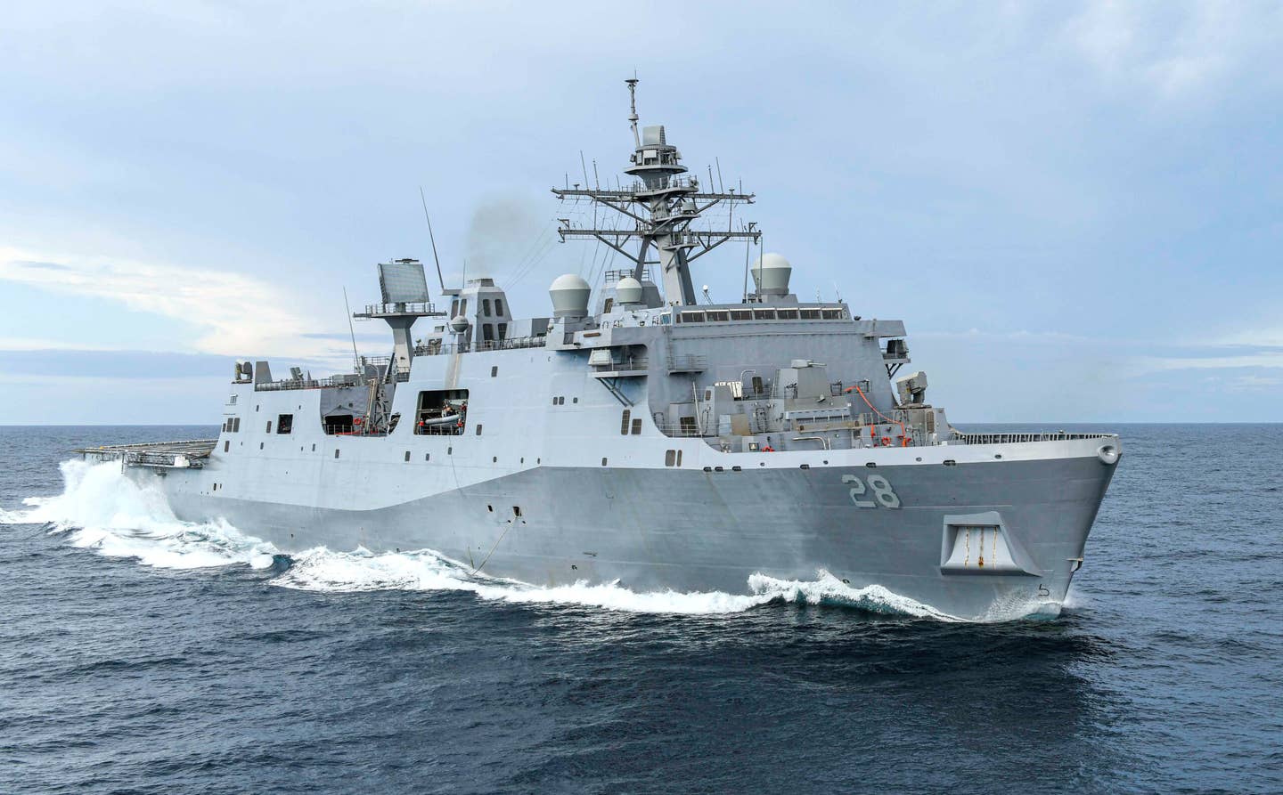 The USS <em>Fort Lauderdale</em>, with its more traditional looking masts. <em>HII</em>