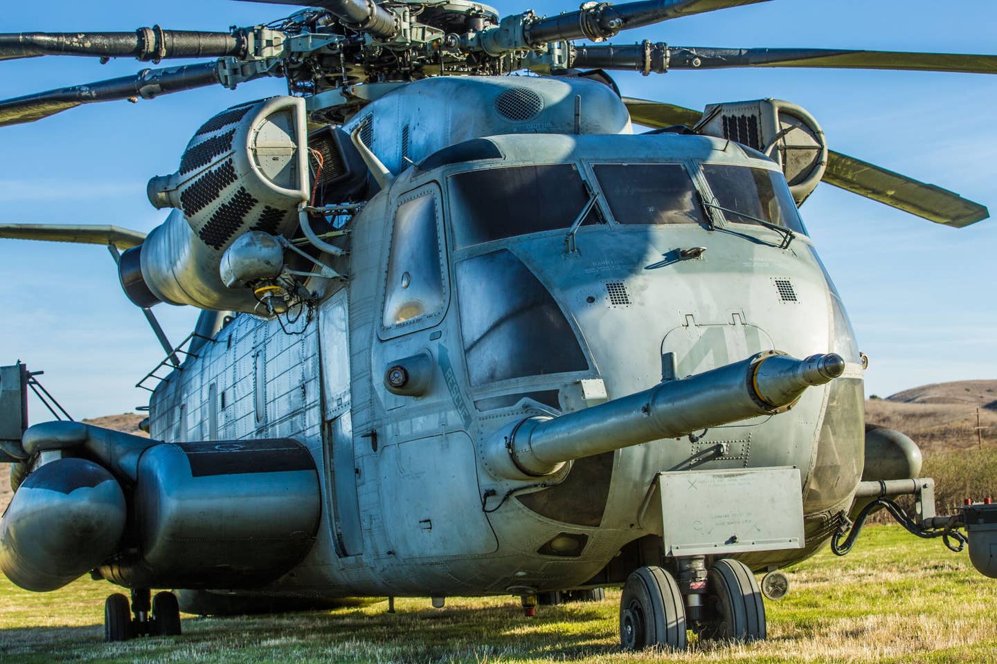 A Sikorsky CH-53E Super Stallion assigned to Marine Heavy Helicopter Squadron 361 waits for training to start for the day at Camp Pendleton, California, in January 2018. <em>U.S. Marine Corps photo by Lance Cpl. Dalton Swanbeck/Released</em><br>