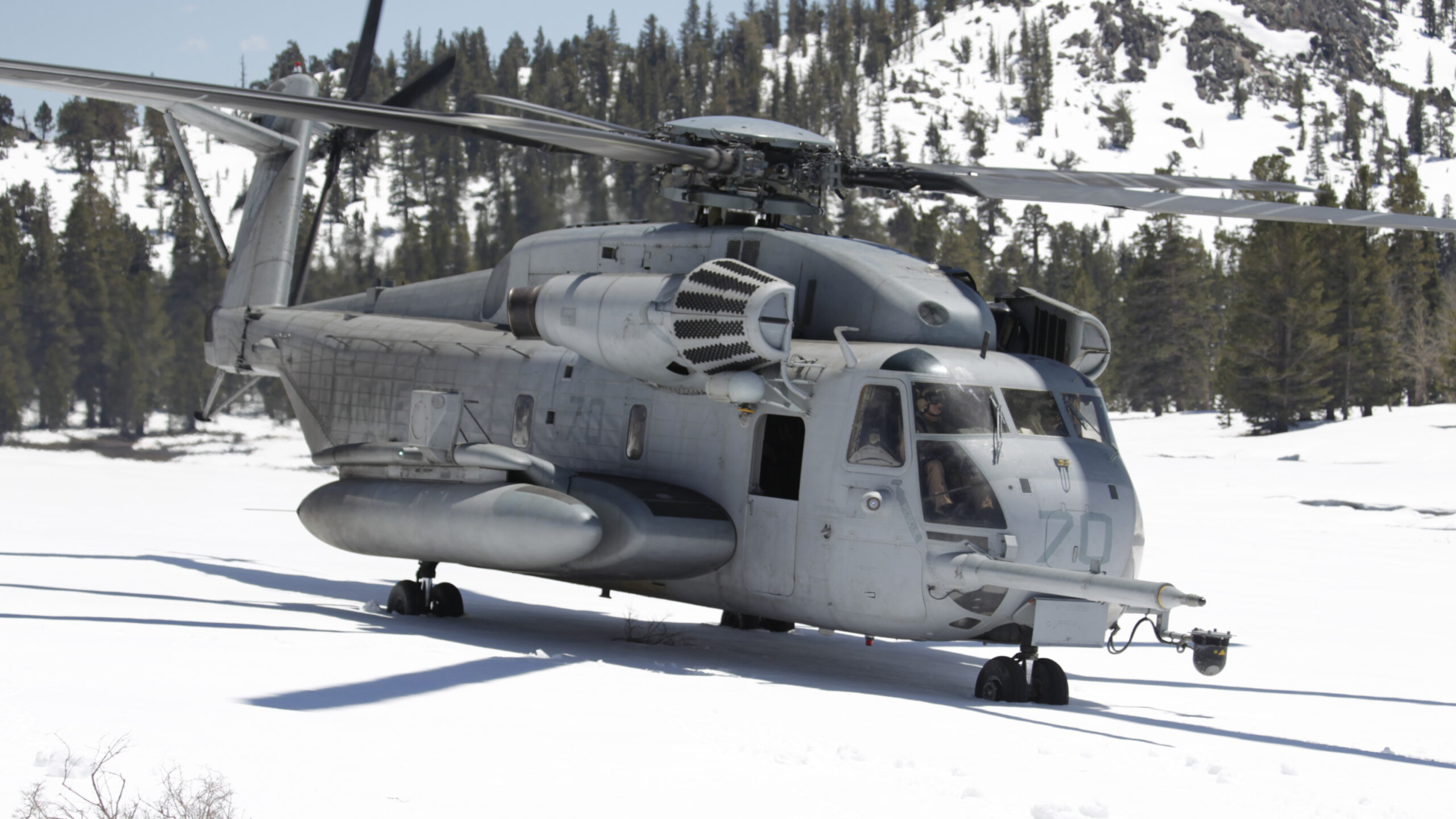 A CH-53E Super Stallion crew from Marine Heavy Helicopter Squadron 361 test their aircraft on snowy terrain at Marine Corps Mountain Warfare Training Center Bridgeport, Calif., May 20, 2011. For many of the Marines, this was the first time they landed in snow.