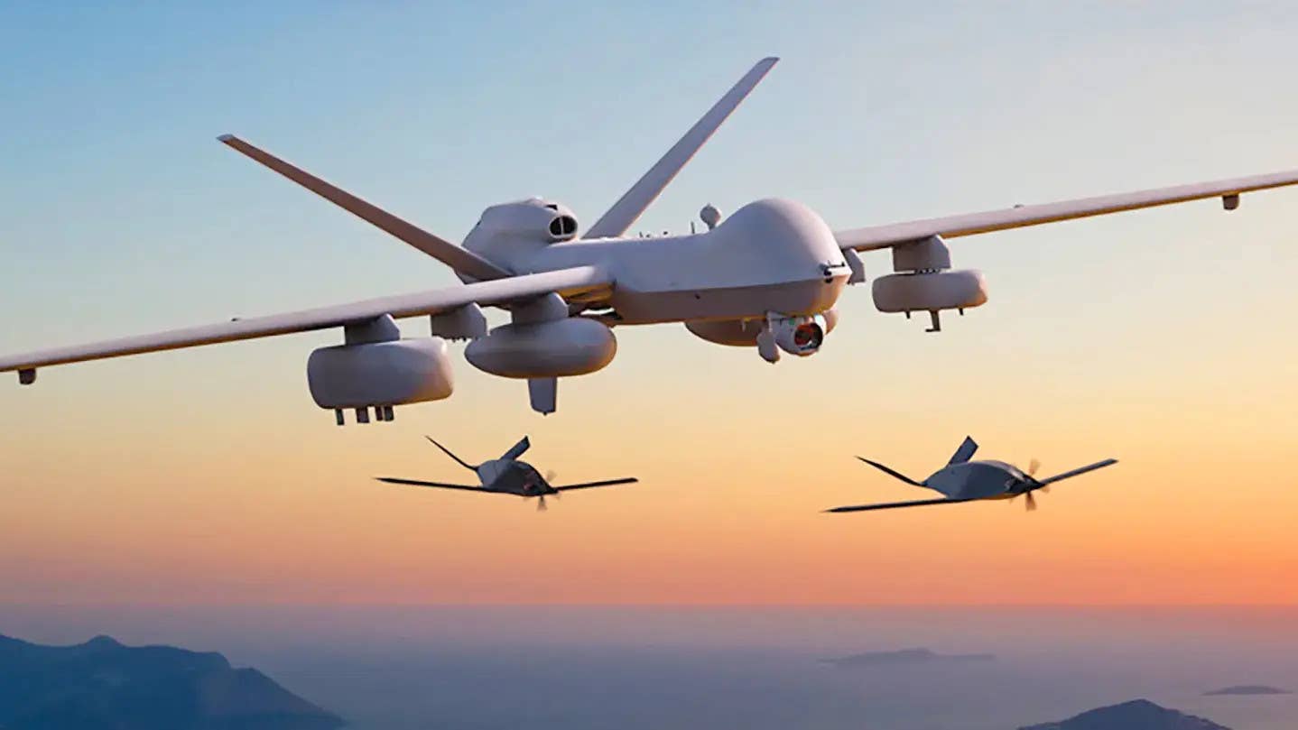 Artwork depicting an MQ-9 Reaper releasing two Eaglet drones, an ALE-type design that General Atomics is currently developing. <em>General Atomics</em>
