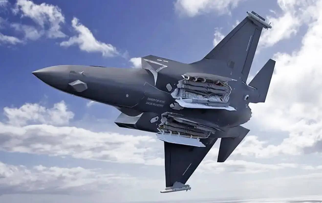 A rendering of an F-35B carrying four SPEAR 3 miniature cruise missiles, as well as two Meteor air-to-air missiles, in its internal bays. <em>MDBA</em>
