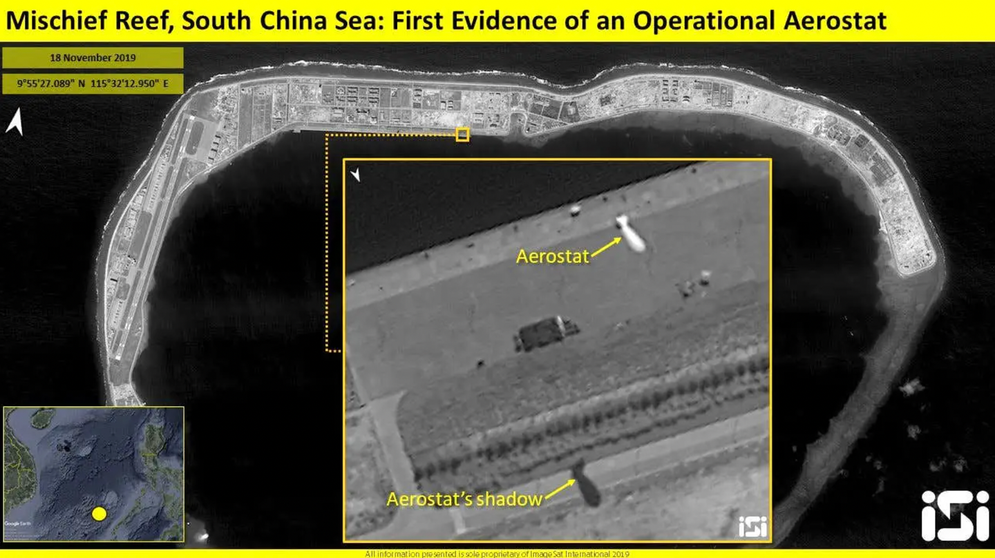 Annotated satellite imagery showing a tethered aerostat above a Chinese man-made island in the South China Sea in November 2019.&nbsp;<em>IMAGESAT INTERNATIONAL</em>