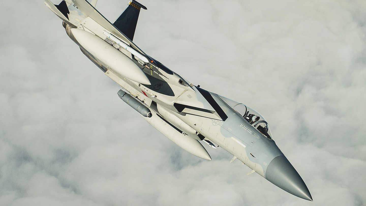 A US Air Force F-15C Eagle fighter carrying a Legion Pod. USAF