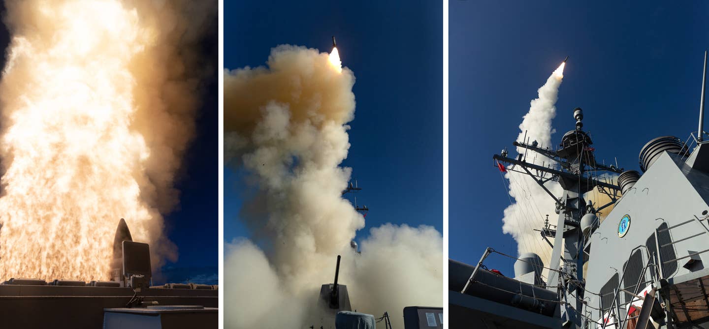 A trio of shots showing USS <em>McCampbell</em> firing an SM-3 Block IIA missile during FTX-23. <em>MDA</em>