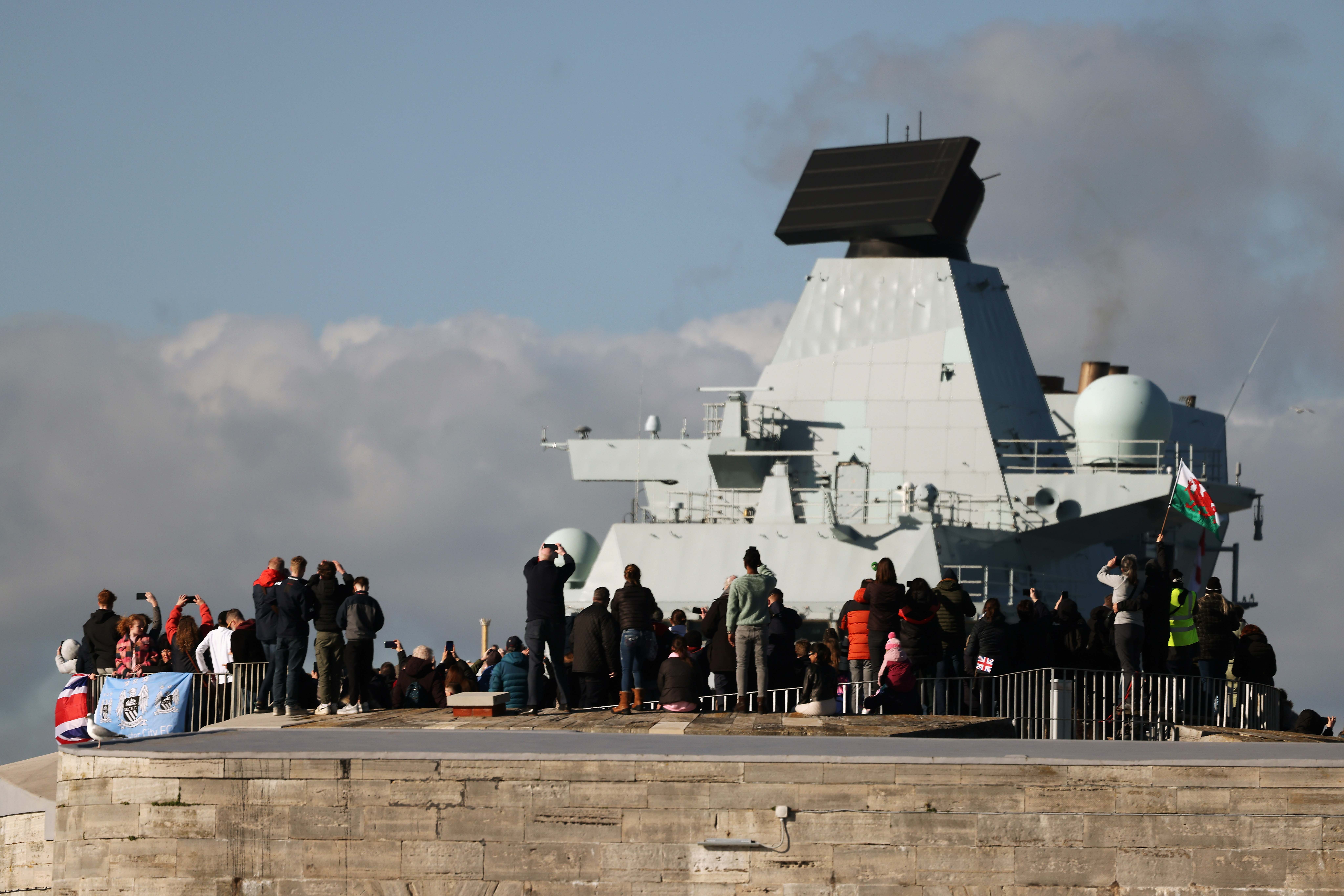 HMS Prince of Wales sails past the Round Tower as she deploys for Exercise Steadfast Defender.