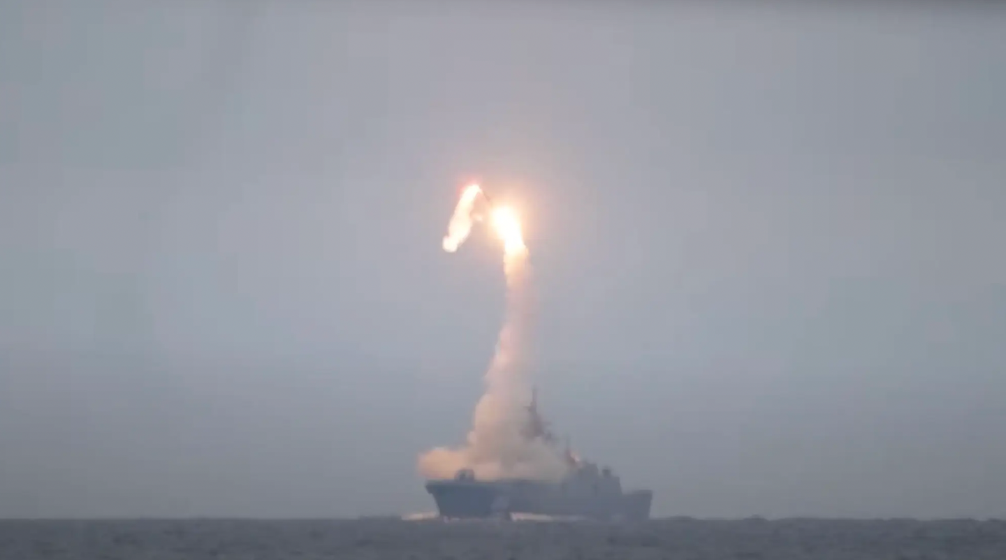 Purported Zircon missile launch from the frigate <em>Admiral Gorshkov</em>.&nbsp;<em>Russian Ministry of Defense capture</em>