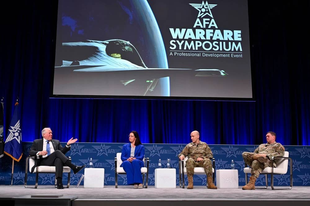 Secretary of the Air Force Frank Kendall leads the panel discussion “Reoptimizing for Great Power Competition: A Senior Leaders Discussion” with Assistant Secretary of the Air Force for Financial Management and Comptroller Kristyn Jones, performing the duties of the undersecretary of the Air Force, Air Force Chief of Staff Gen. David W. Allvin and Chief of Space Operations Gen. Chance Saltzman during the Air and Space Forces Association 2024 Warfare Symposium in Aurora, Colo., Feb. 12, 2024. (U.S. Air Force photo by Eric Dietrich)