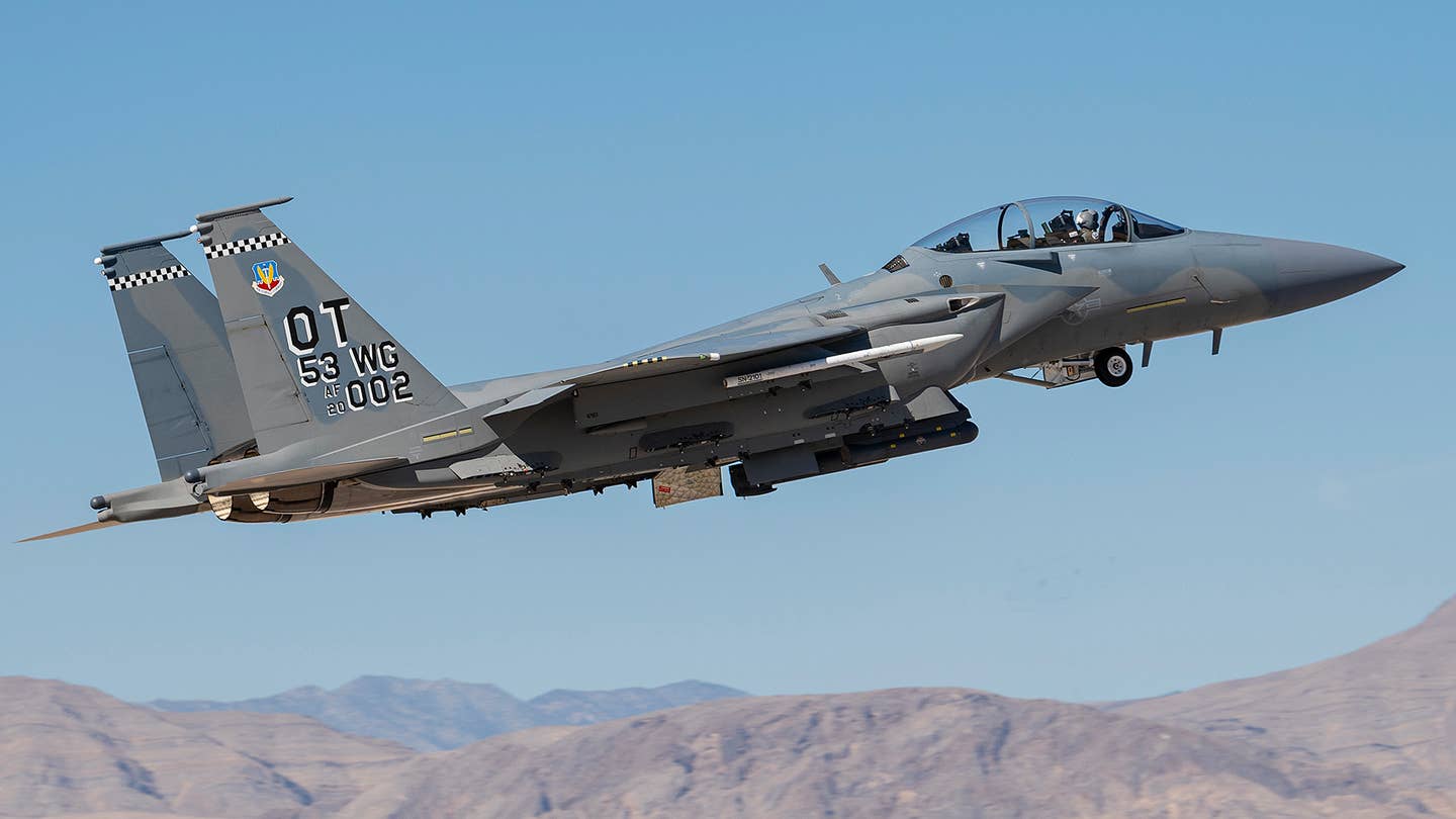 An F-15EX Eagle II assigned to the 85th Test and Evaluation Squadron, Eglin Air Force Base, takes off for a mission at Nellis Air Force Base, Nevada, Oct. 19, 2021. <em>U.S. Air Force photo by William R. Lewis</em>