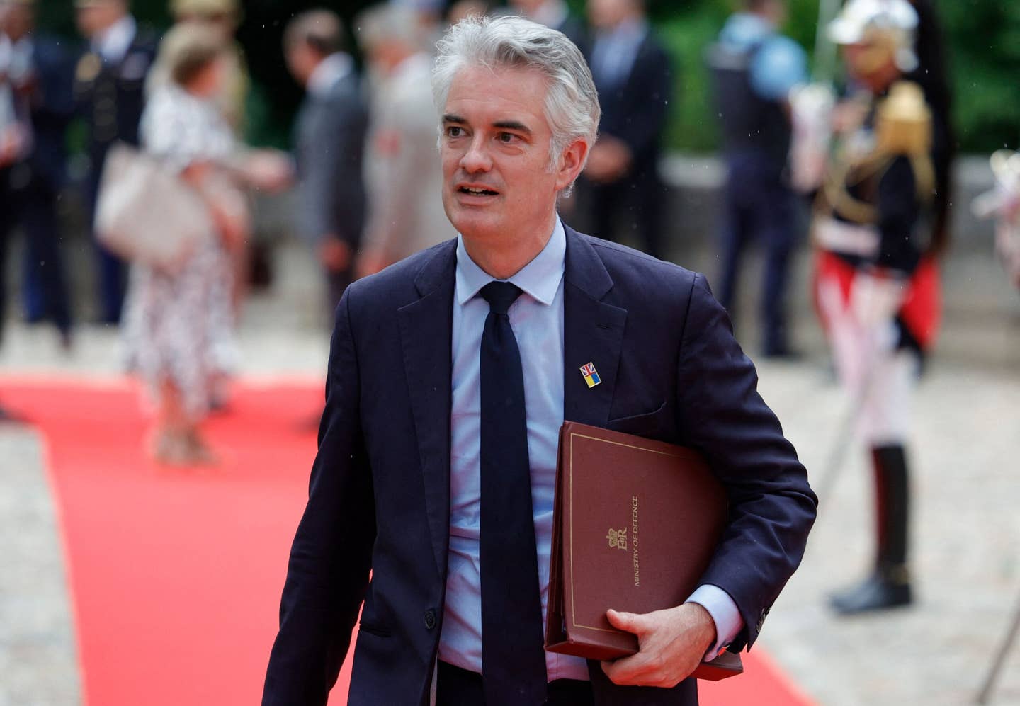 U.K. Minister of State (Minister for Defense Procurement) James Cartlidge arrives to attend the European Air Defense Conference with 18 foreign counterparts, at Les Invalides in Paris on June 19, 2023.<em> Photo by Geoffroy Van Der Hasselt/AFP via Getty Images</em>