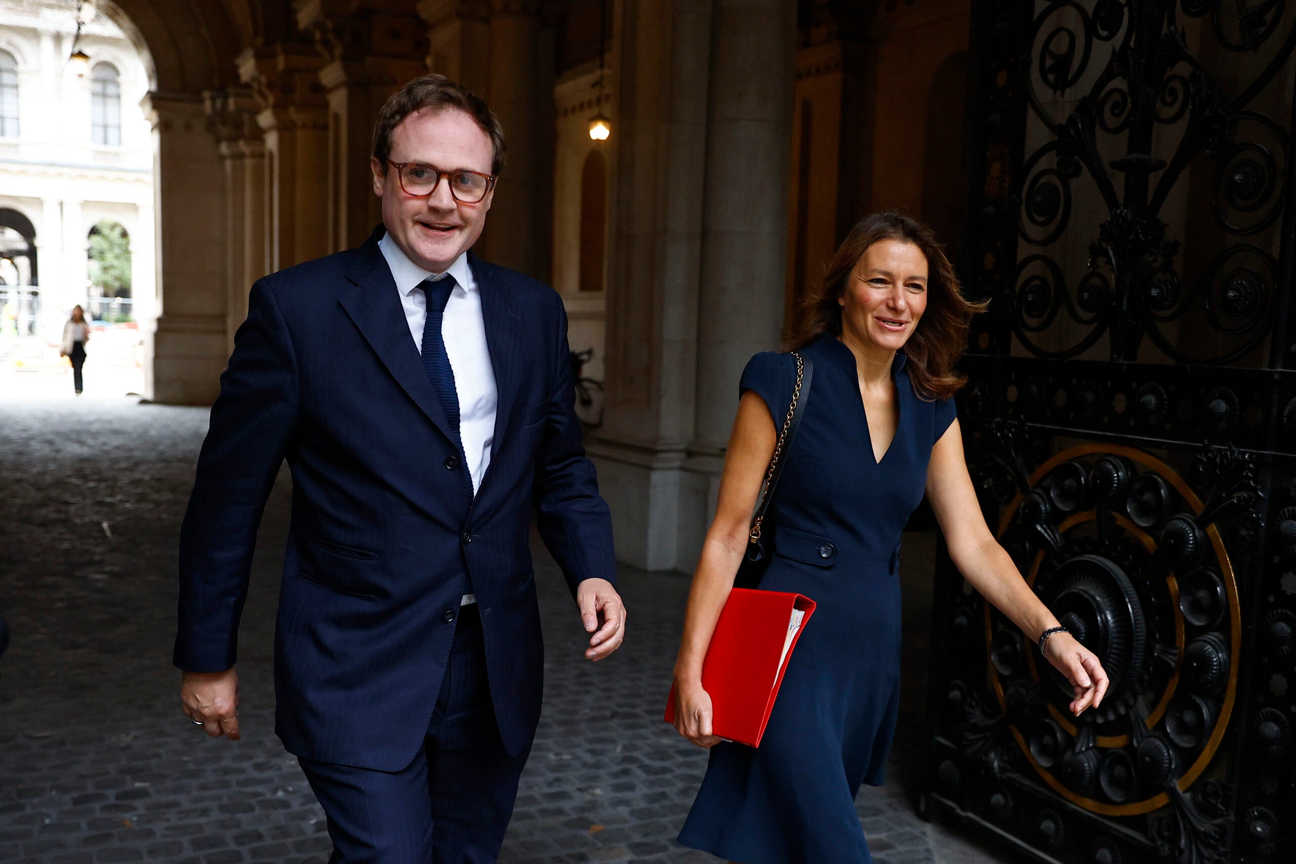 LONDON, ENGLAND - SEPTEMBER 12:  Minister of State for Security Tom Tugendhat and Secretary of State for Digital, Culture, Media and Sport Lucy Frazer arrive for a cabinet meeting at Downing Street on September 12, 2023 in London, England. (Photo by Peter Nicholls/Getty Images)