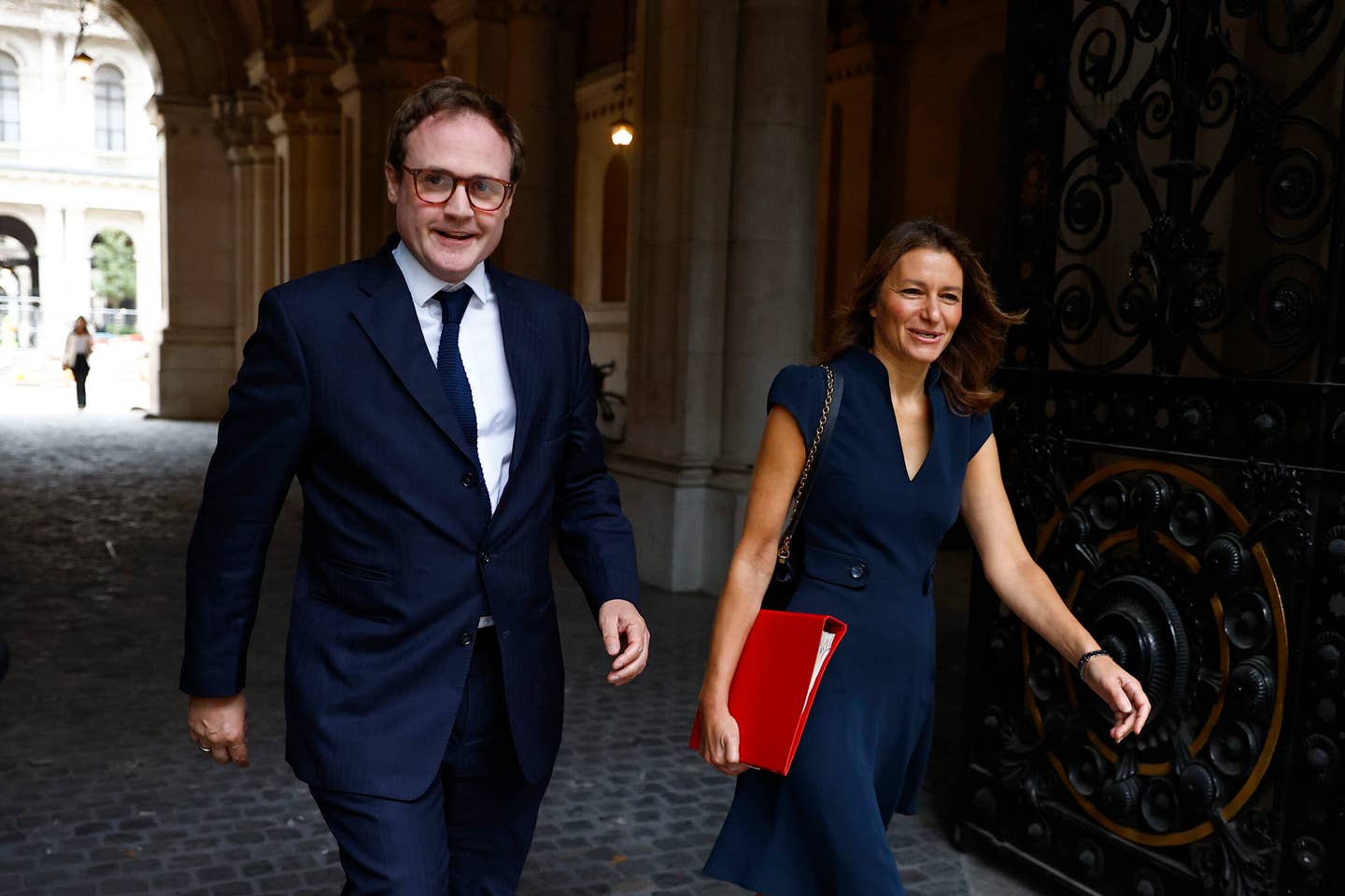 Minister of State for Security Tom Tugendhat and Secretary of State for Digital, Culture, Media and Sport Lucy Frazer arrive for a cabinet meeting at Downing Street on September 12, 2023 in London, England. <em>Photo by Peter Nicholls/Getty Images</em>