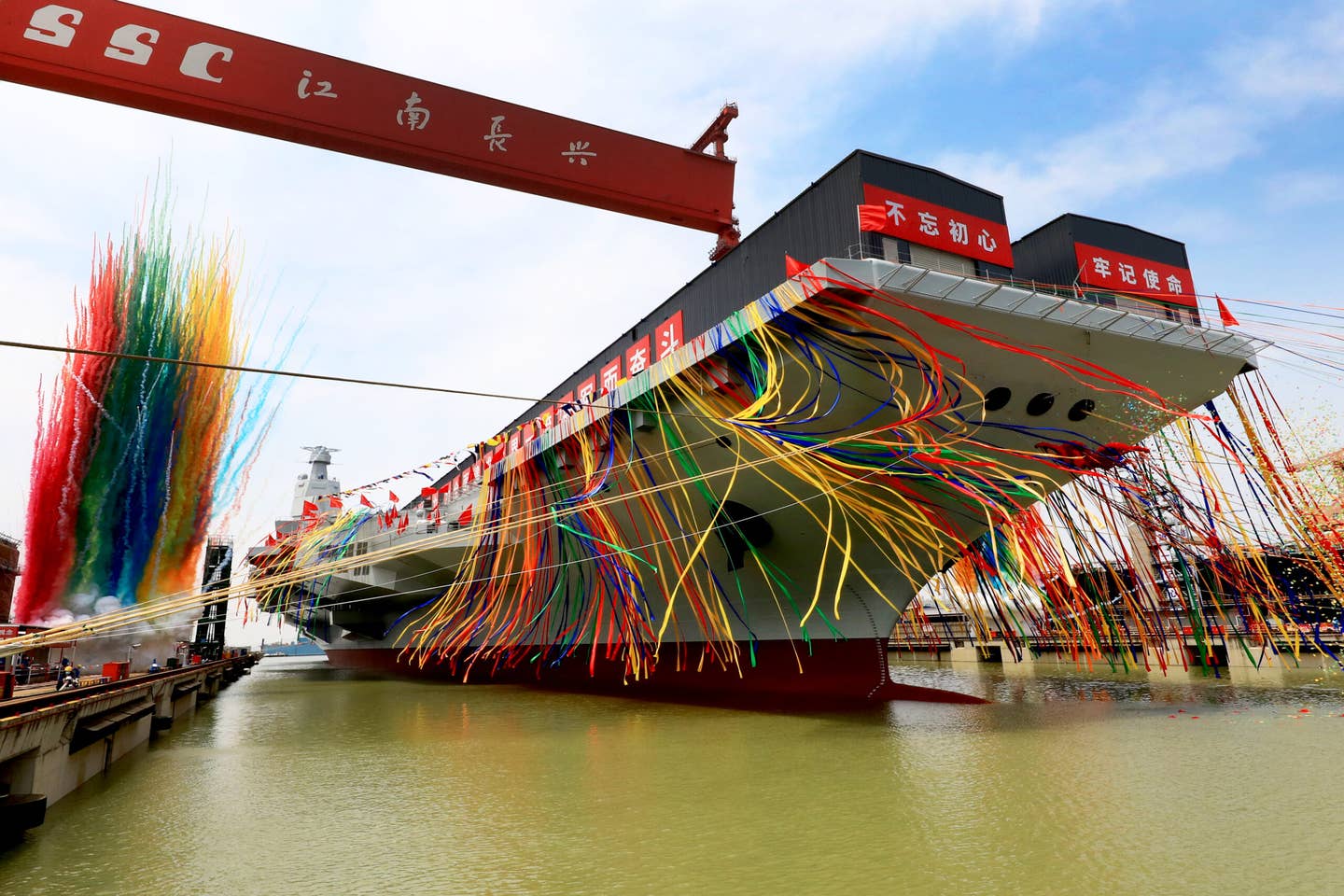 The launching ceremony of the <em>Fujian</em> at Jiangnan Shipyard, Shanghai, on June 17, 2022. <em>Photo by VCG/VCG via Getty Images</em>