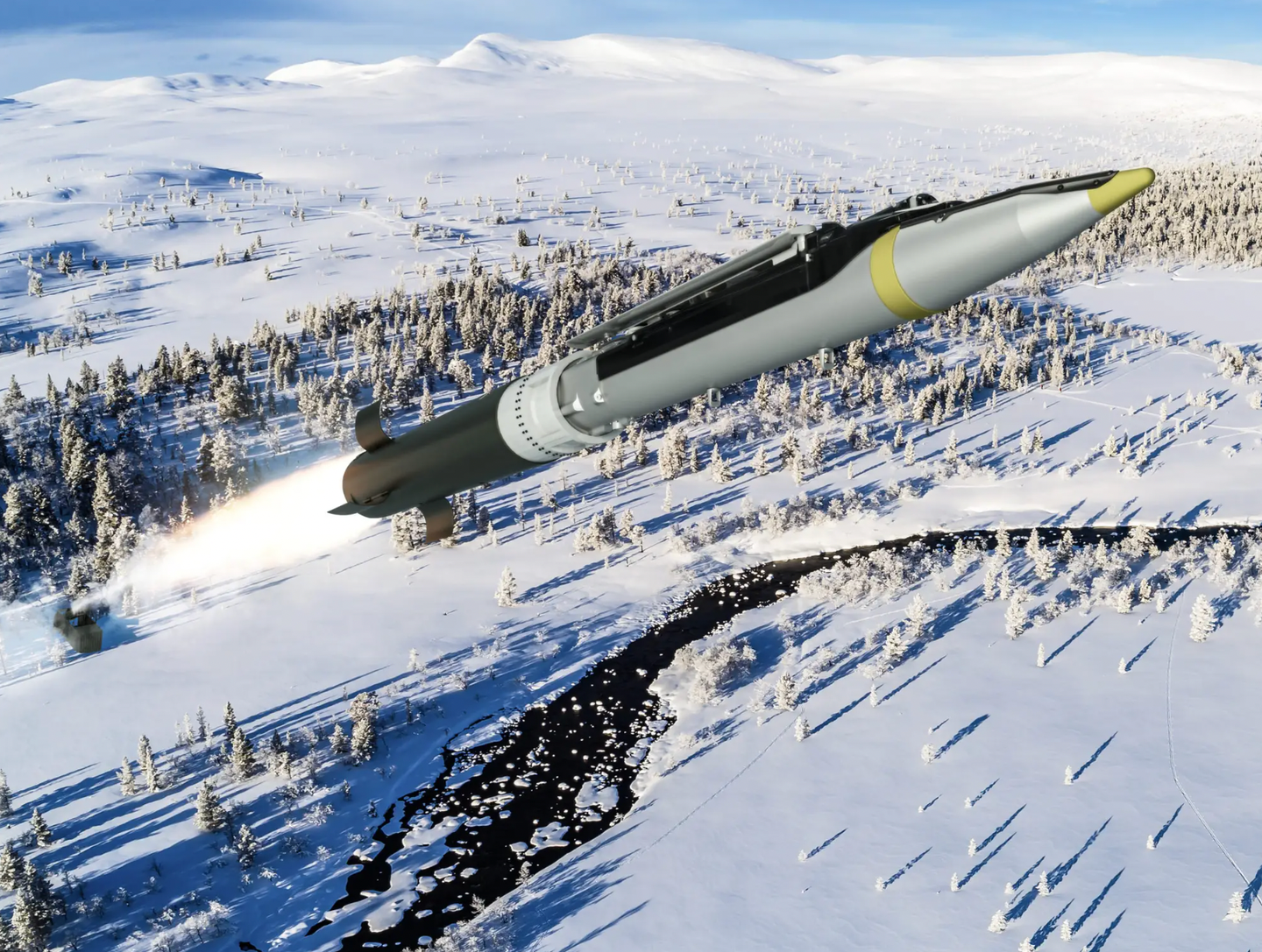 The GLSDB is propelled by its M26 rocket motor before the pop-out wings deploy for the final unpowered run-in to the target.&nbsp;<em>Saab</em>