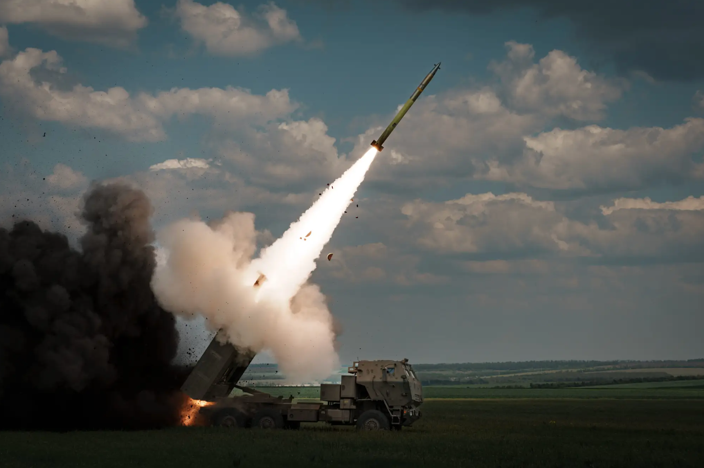 A Guided Multiple Launch Rocket System (GMLRS), launched by an M142 HIMARS in service with Ukraine <em>Photo by Serhii Mykhalchuk/Global Images Ukraine via Getty Images</em>